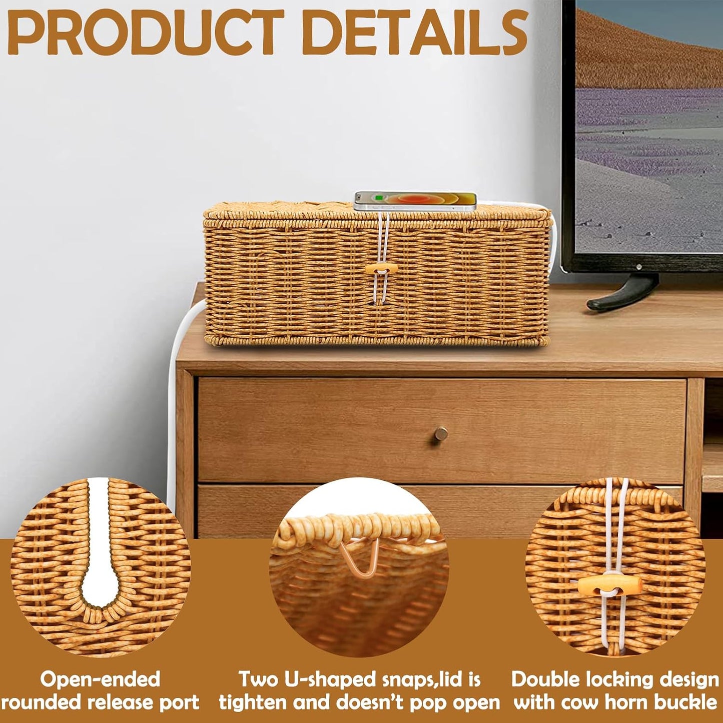 2PCS Cable Management Box, Handmade Rattan Cable Organizer Cord Basket | Open Slots Cords Hider Box Under Desk Cord Organizer for Computer Router USB Hub & Power Strip