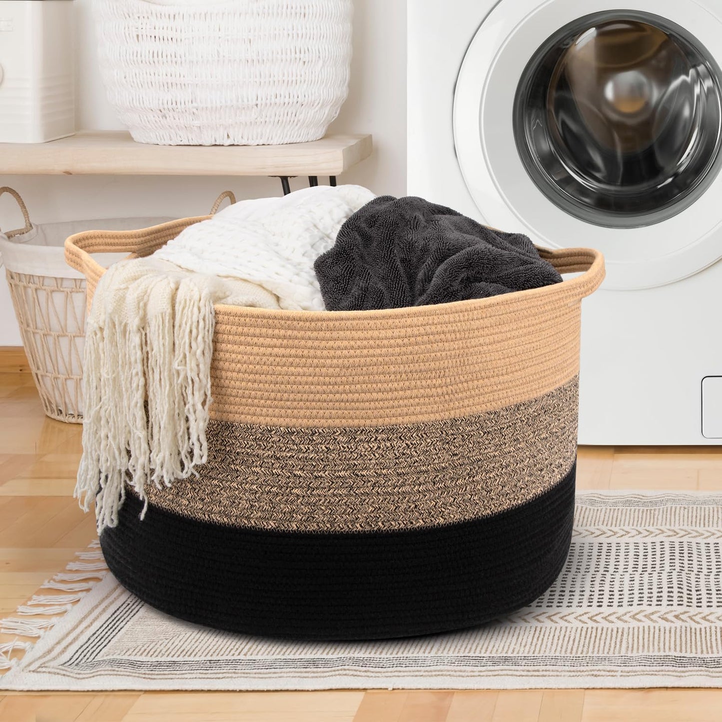 Maliton Woven Rope Blanket Basket Living Room, Storage Basket for Toy, 90L | 22"x14" Cotton Rope Basket. Holds Blankets, Toys & Towels & Laundry. For Bedroom, Nursery, Bath & Playroom. Soft & Durable