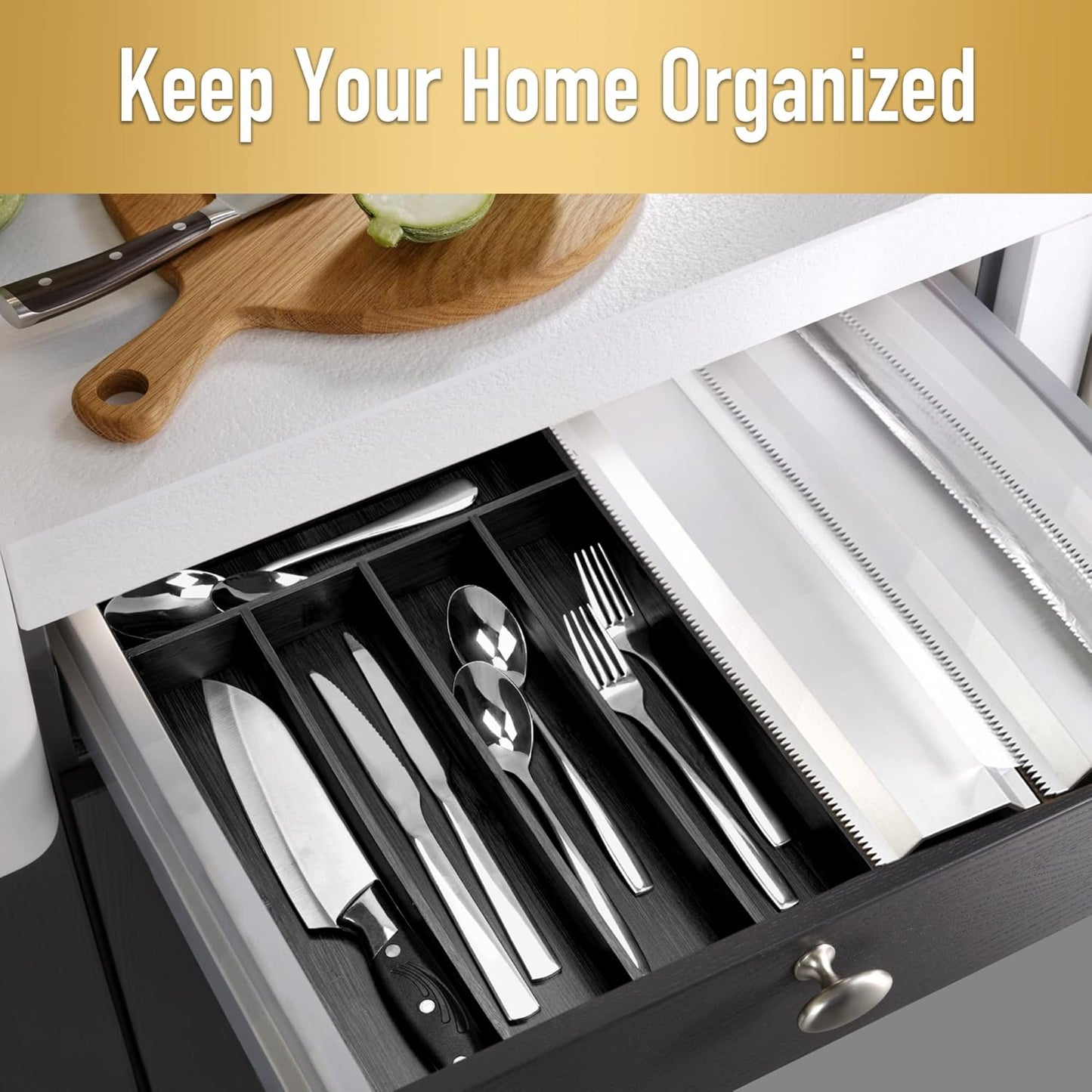 Besilord Bamboo Silverware Holder - Drawer Organizer with 5 Slots (Black)