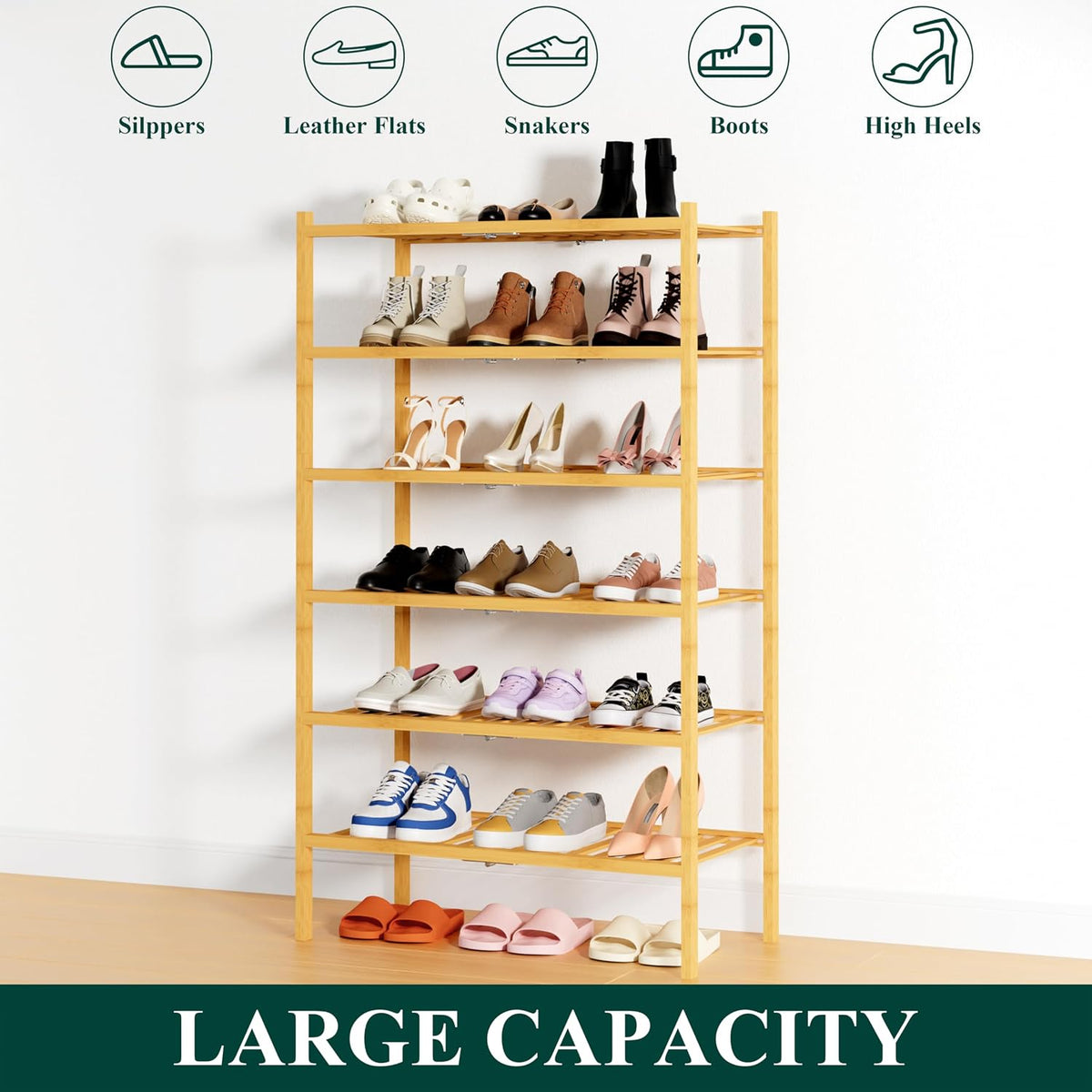Smiry Bamboo Shoe Rack, 14 Vertical Slats, 6 Tier - 26.8" Wide, Natural