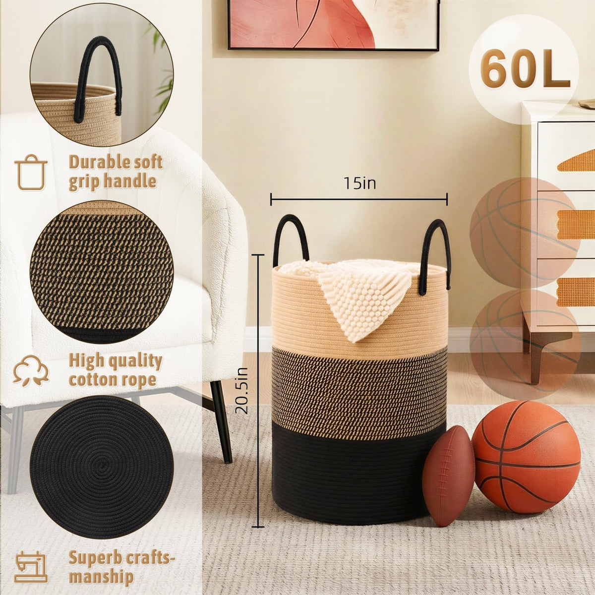 Artfeel Laundry Basket,Woven Cotton Rope Laundry Hamper,60L for Decorative Storage of Dirty Clothes,Toys and Blankets in Bathroom,Bedroom and Living Room