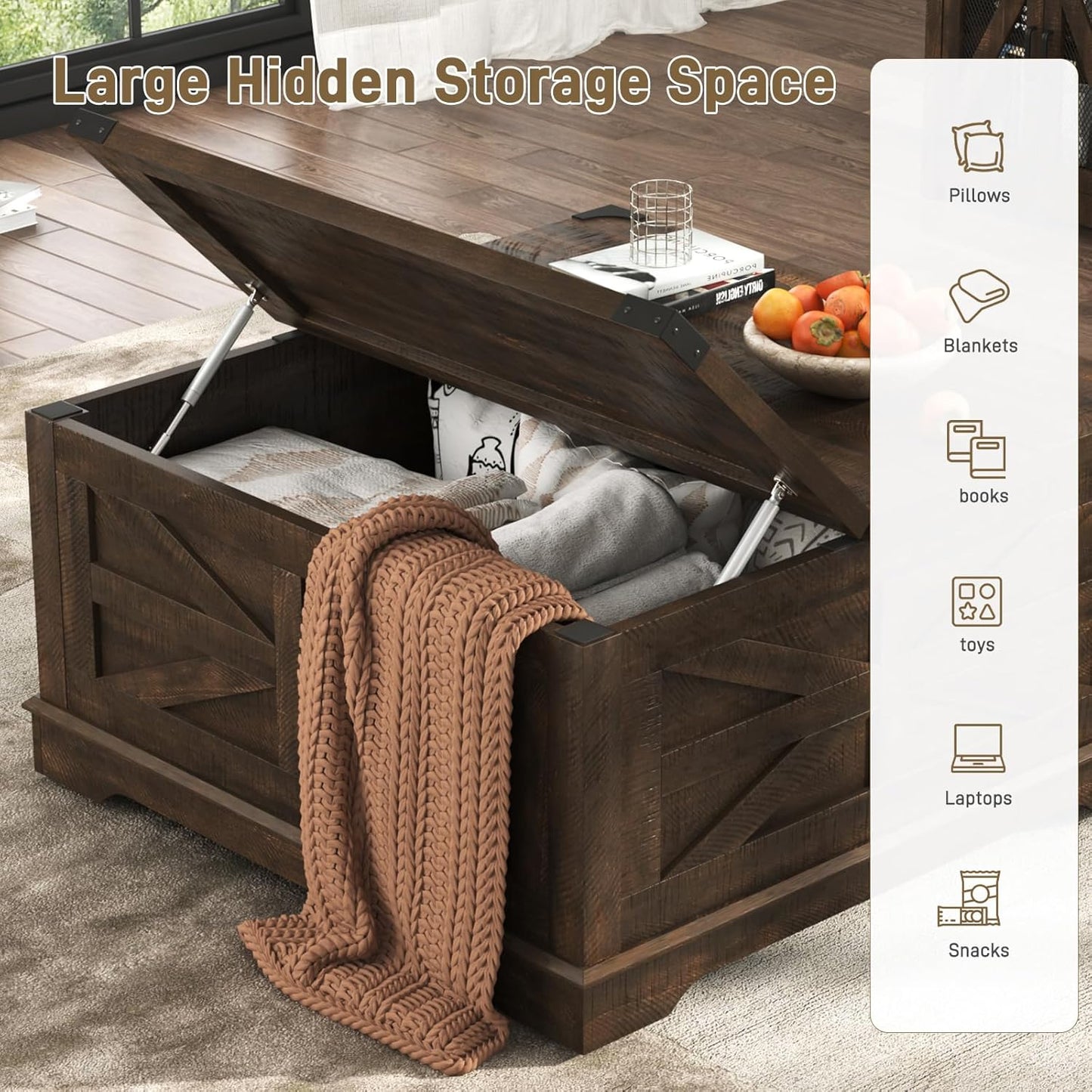 Hlivelood 36" Farmhouse Movable Lift Top Coffee Table with Storage and Power Outlets, Square Wood Living Room Tables with Wheels&Large Hidden Space, Lift Wooden Barn Door Center Table, Brown