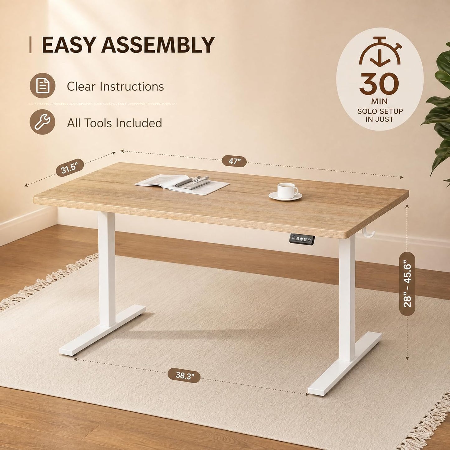 Grandder 47x32 Large Electric Standing Desk, Height Adjustable Computer Desk with 2 Memory Presets, 31.5" Deep Desktop Sit Stand Desk Home Office Desk Workstation Table with Hooks, Maple