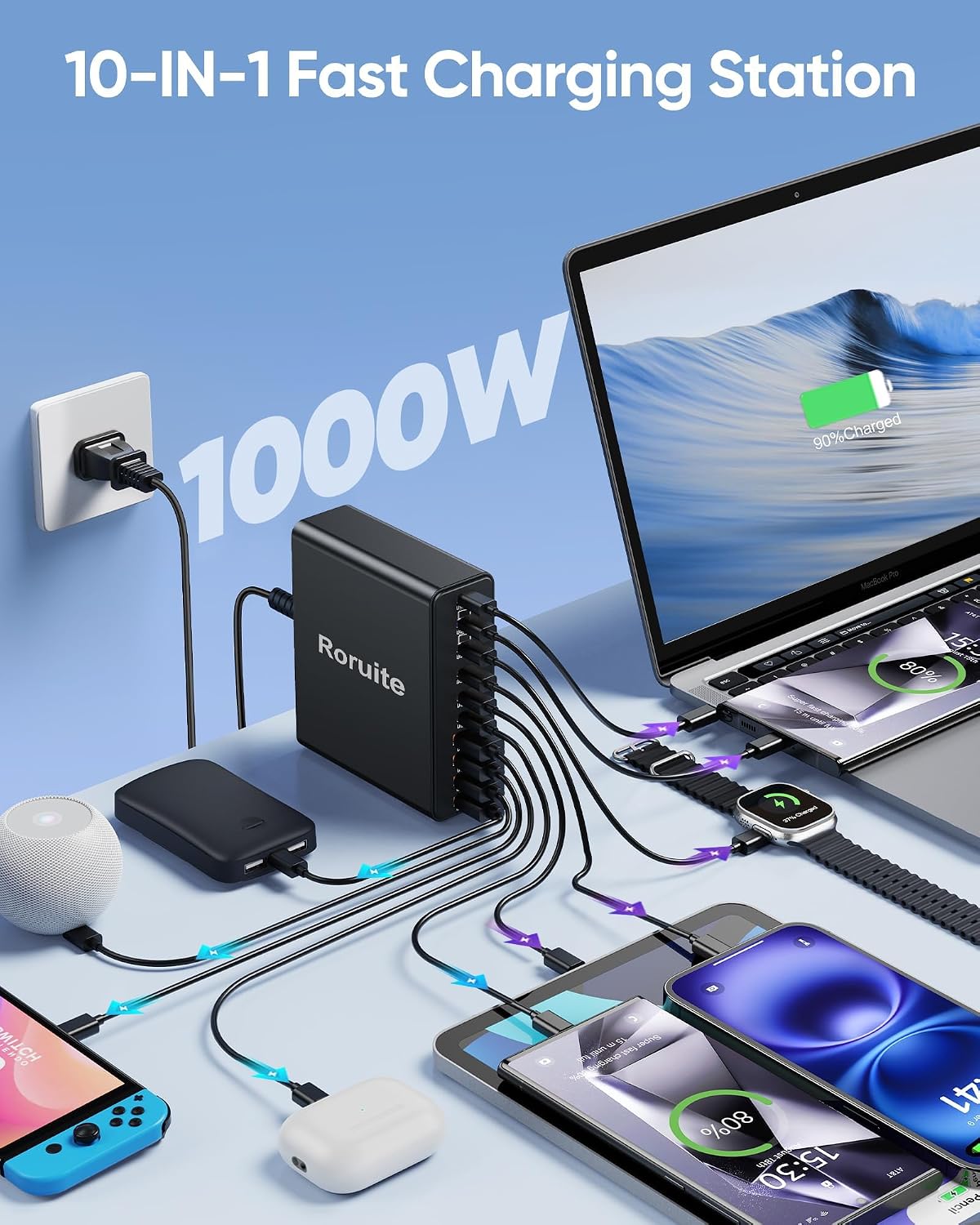 1000W USB C Charging Station, 120W PD GaN5 Super Fast USB C Charger Block | Roruite Type C for PC Laptop MacBook Pro/Air 10 Port Charger Compatible with iPhone 17 16 15 14 13 12 Pro Max, iPad, Galaxy