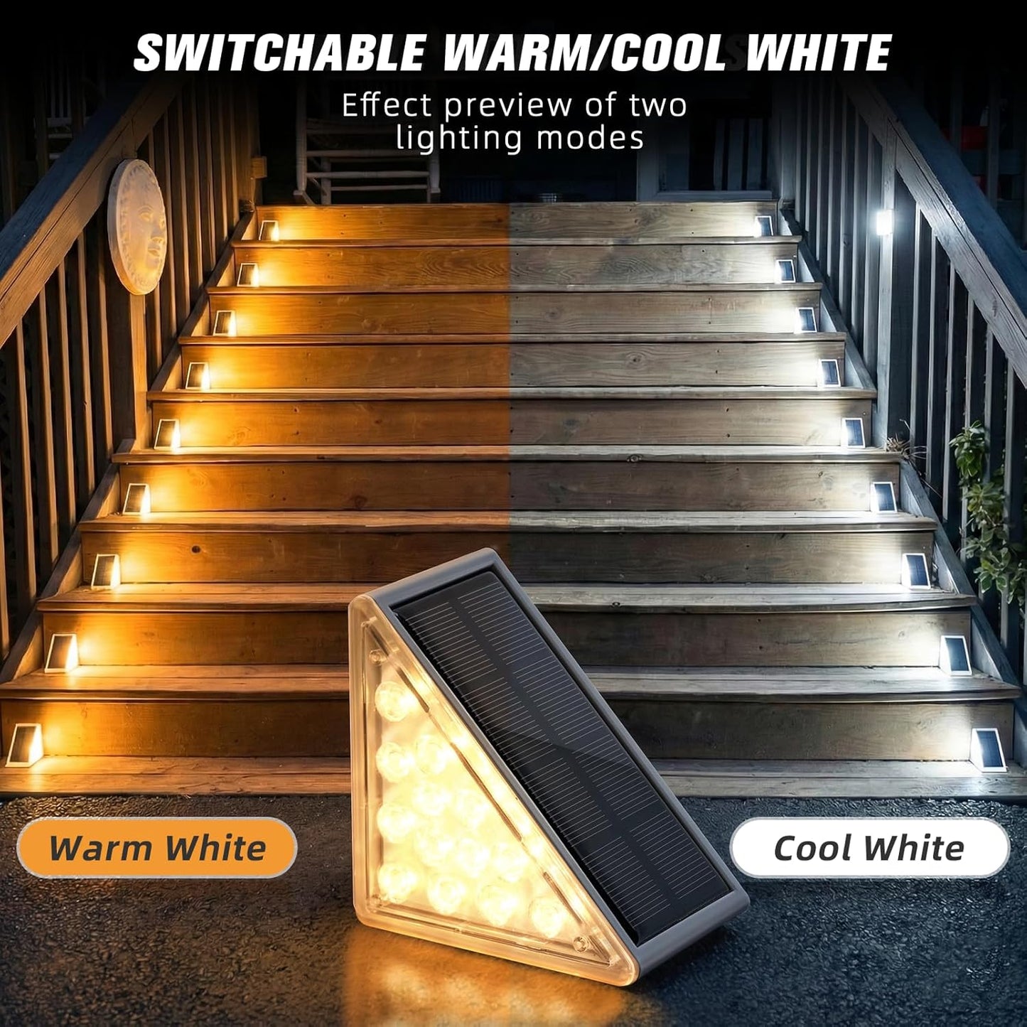 NIORSUN Solar Step Lights 6 Pack - Outdoor Stair Lights with 3000K Warm White & 6000K Cool Daylight, IP67 Waterproof, Auto On/Off, Super Bright for Deck, Patio, Steps