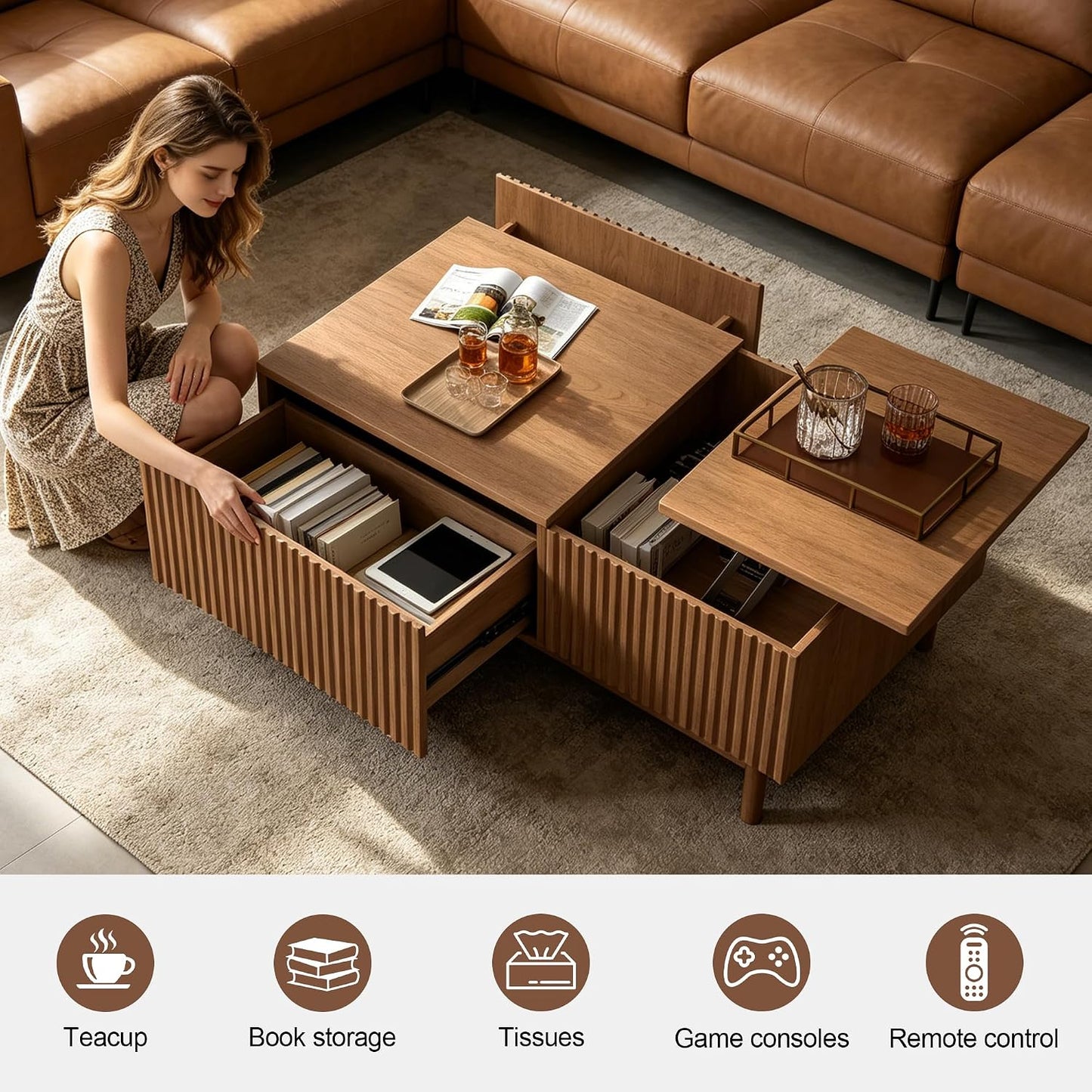 51" Mid-Century Modern Lift Top Coffee Table with Hidden Storage | Walnut Fluted Rectangular Center Table with Drawers & Sturdy Wooden Legs, for Living Room, Apartment, Office