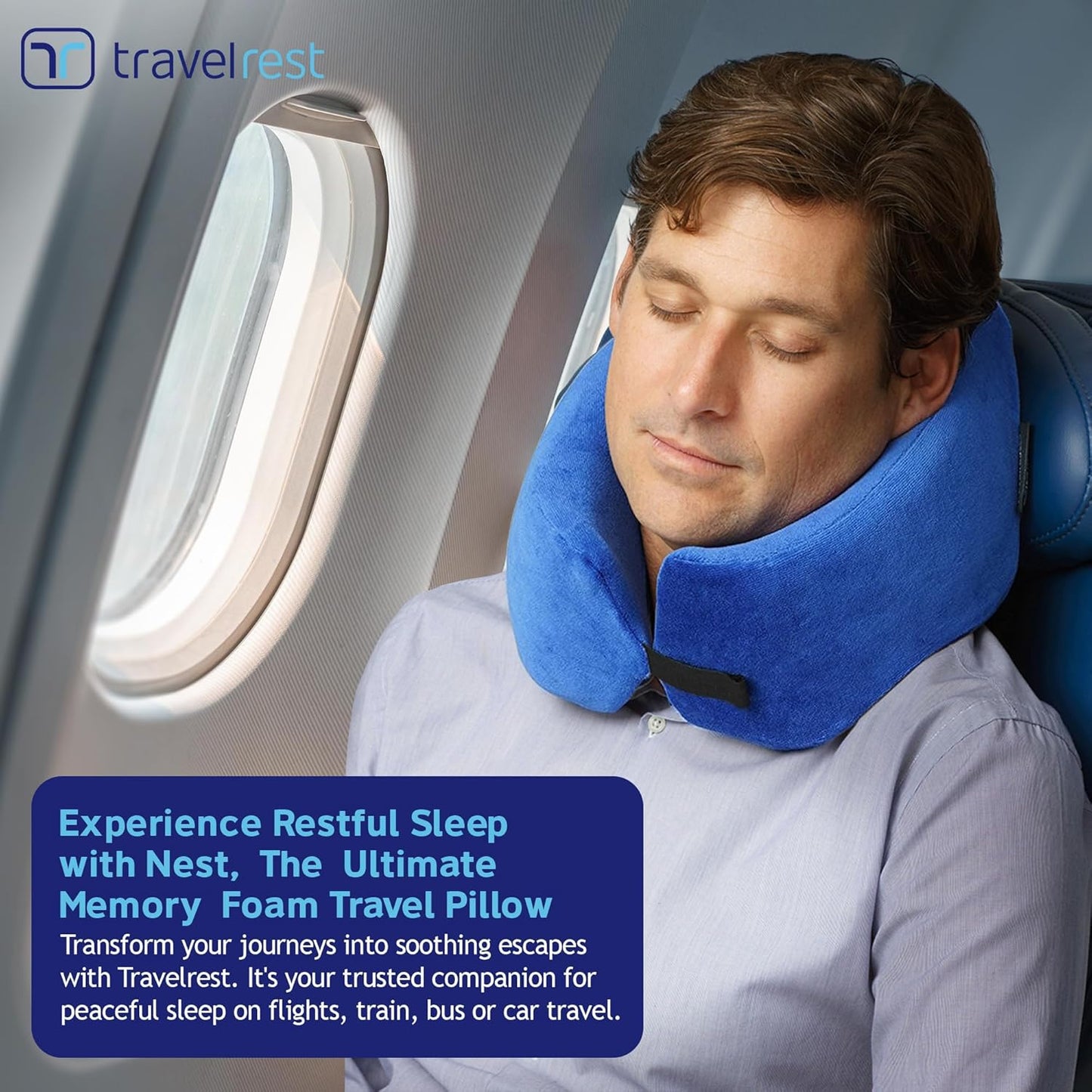 TRAVELREST Sleep Neck Pillow Travel - Travel Essentials, Memory Foam, Neck Support Pillow for Long Flight, Plane Sleeping Accessories, Anti-Slip and Comfortable, Washable, Attaches to Luggage - Blue