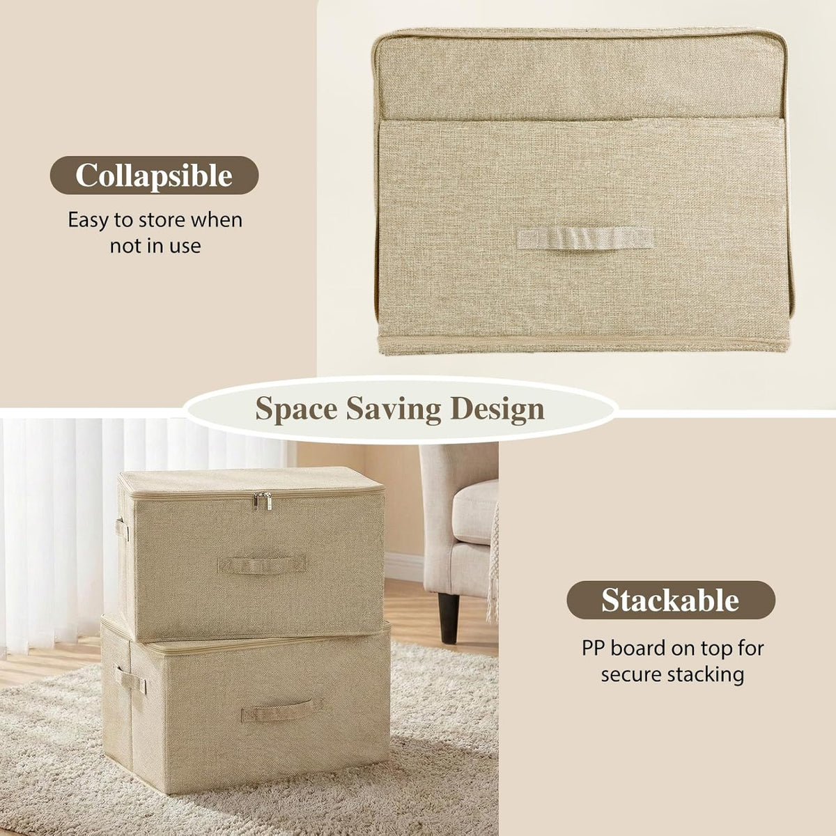 ANMINY Fabric Storage Bins with Zipper Lids, 18"x14"x10", Beige, 2 PCS