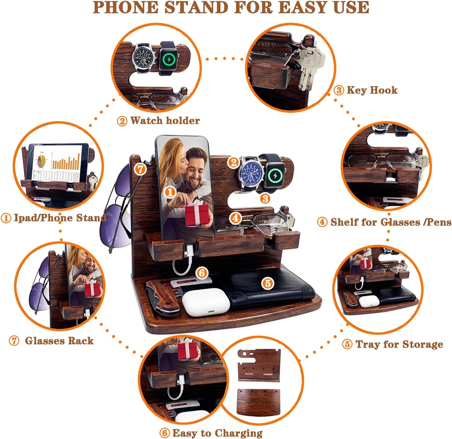 VEIYAILU Gifts for Men Women Dad Husband Boyfriend Wood Phone Docking Station Nightstand Organizer for Men Birthday Gifts (Dark Brown)