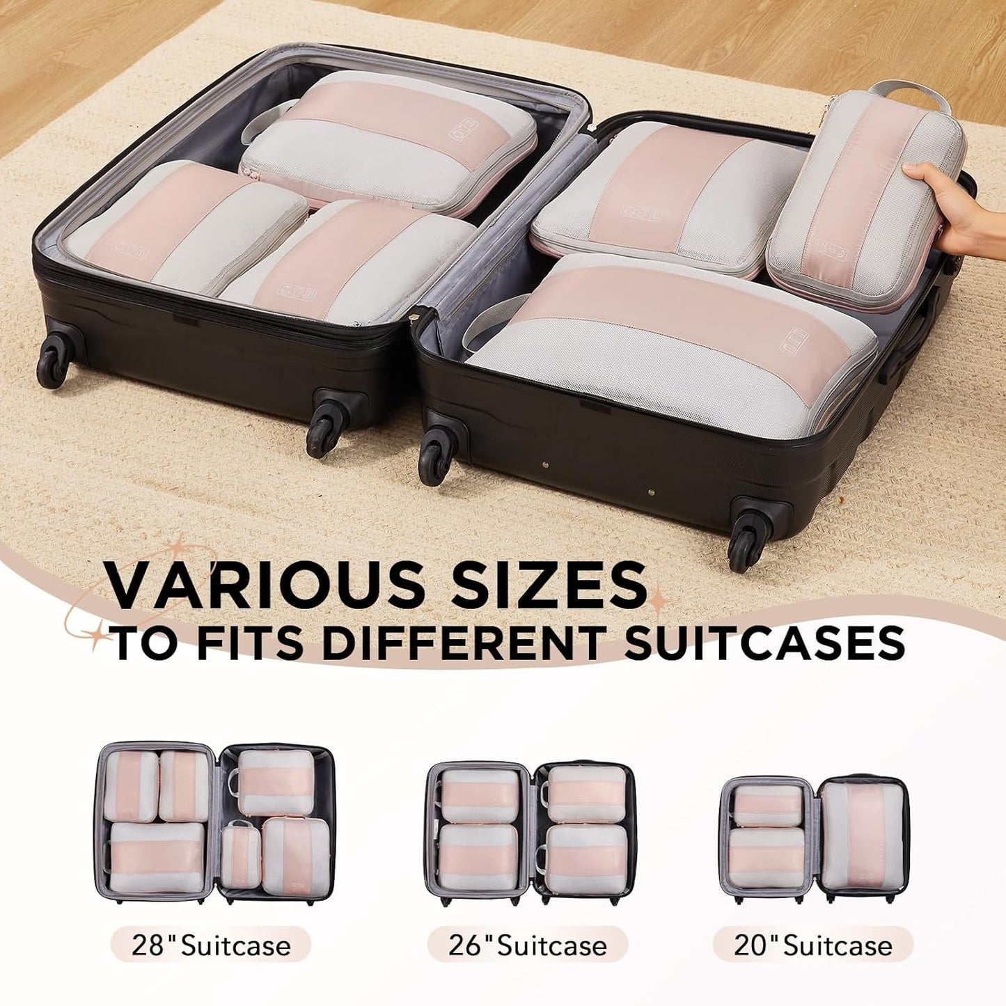 6 Set Compression Packing Cubes for Travel Essentials,Compressible Expandable Packing Cubes for Suitcase,OlarHike Luggage Garment Bags for Travel,Handy Helper for Organizing Clothes(Beige)
