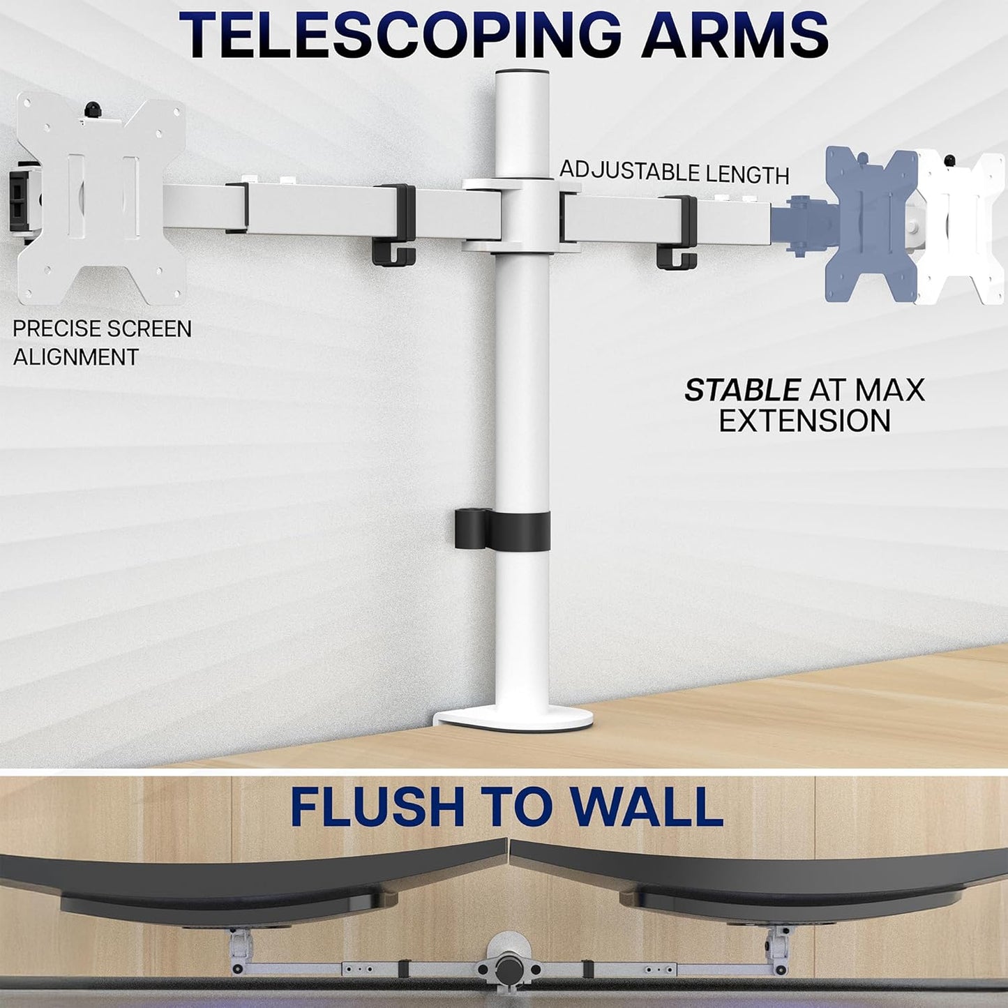 VIVO Dual LCD LED 21 to 32 inch Monitor Desk Mount, Heavy Duty, Adjustable Telescoping Arms, Flush Wall Setup, Fits 2 Screens, White, STAND-V002EW