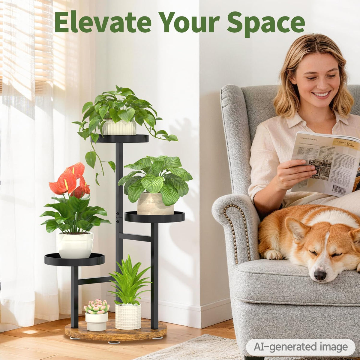 LASZOLA Corner Plant Stand Indoor Flower Shelf Tall, 3 Tiers Metal Black