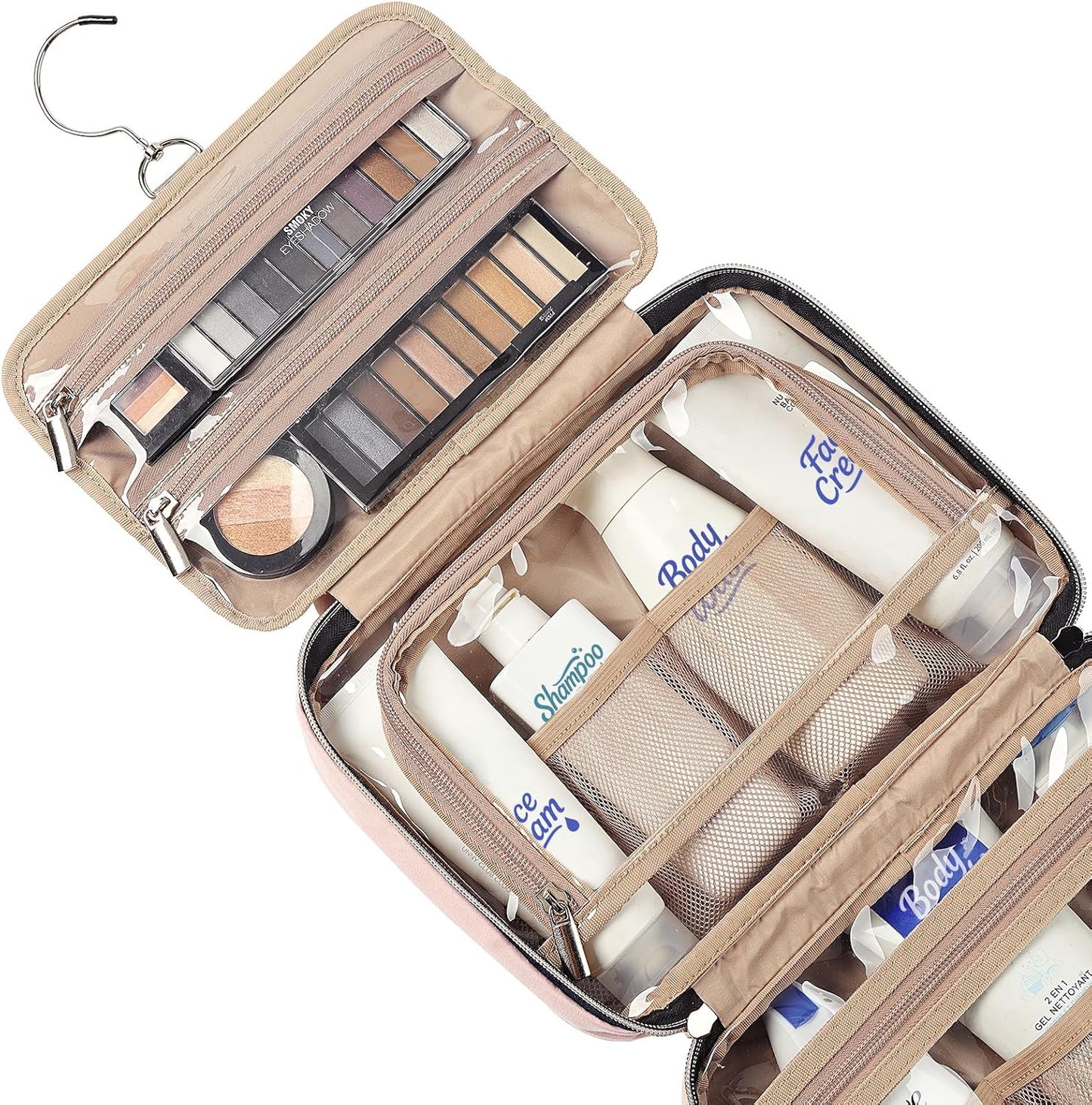NISHEL Travel Toiletry Bag for women, Portable Hanging Organizer for Travel-Sized Shampoo, Conditioner, Brushes Set, makeup Accessories, Medium Size, Pink