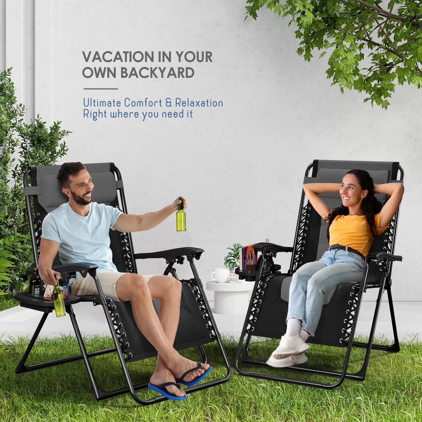 Nestl Outdoor Padded Zero Gravity Chair, Patio Lounge Chair Outdoor Recliner, Oversized Anti Gravity Lounger with Adjustable Headrest and Cup Holder, Foldable for Camping, Yard - Black/Grey