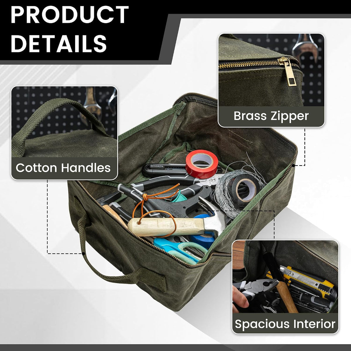 Canvas Tool Bag, Zippered Tool Pouch with Handle, 16 OZ Waxed Canvas Tool Storage Organizer | 2-Pack | 9.5"L x 10.5"W x 5.5"H (Opened) - Army Green