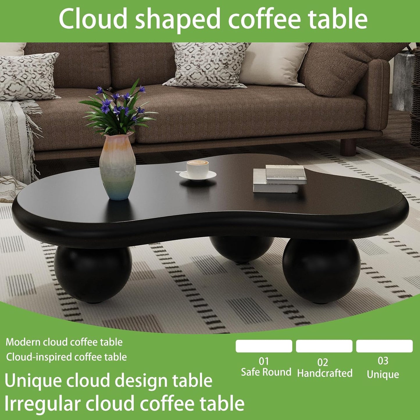 Cloud Coffee Table (E Brown) | Cute Irregular Tea Table with Large Tabletop, Cloud Shape Modern Accent Cocktail Table for Living Room, Office, Home Decor