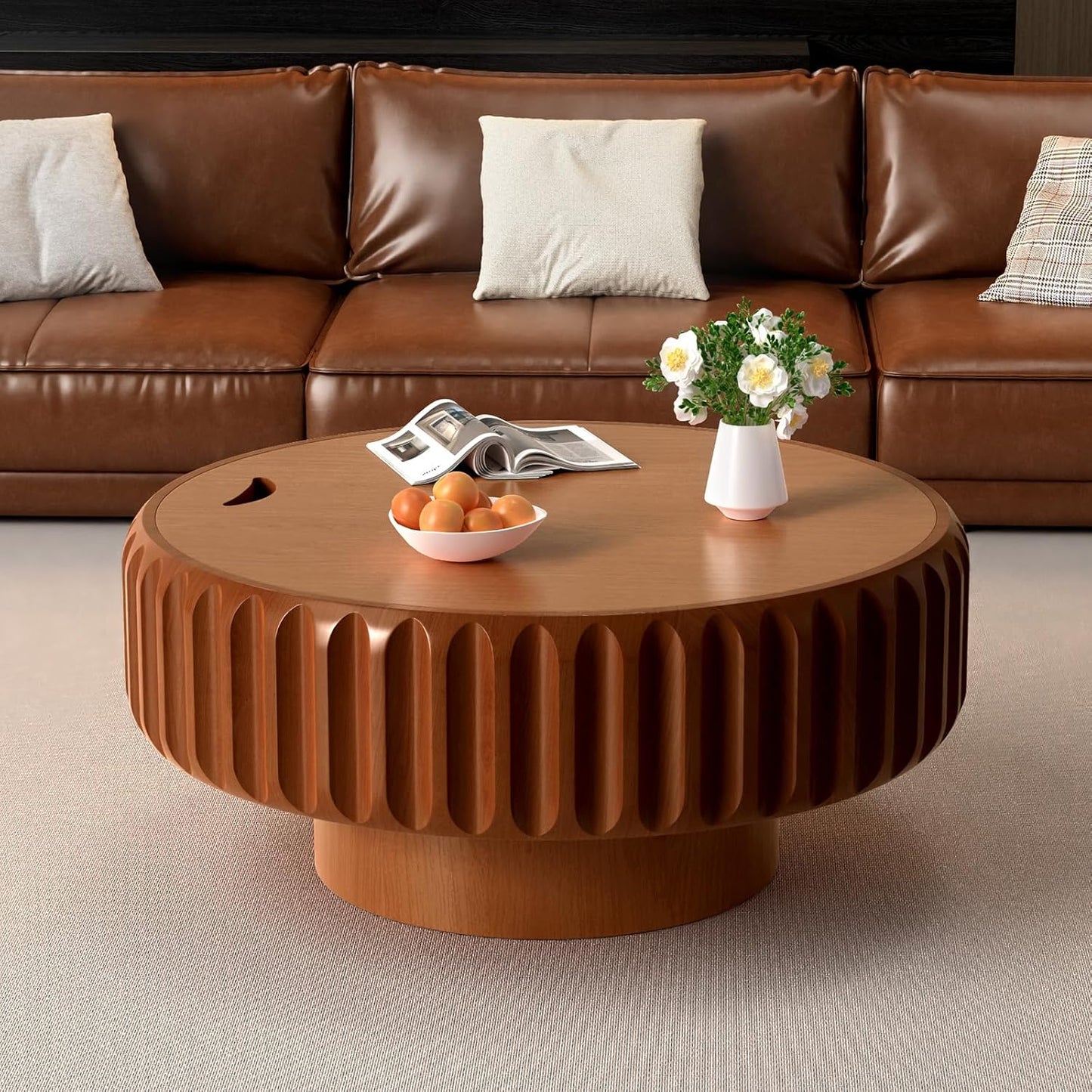31.5" Round Fluted Coffee Table with Hidden Storage (31.5" Brown) | Round Wooden Coffee Table with Solid Wood Veneered, Gear Center Table, Drum Tea Table for Living Room Apartment
