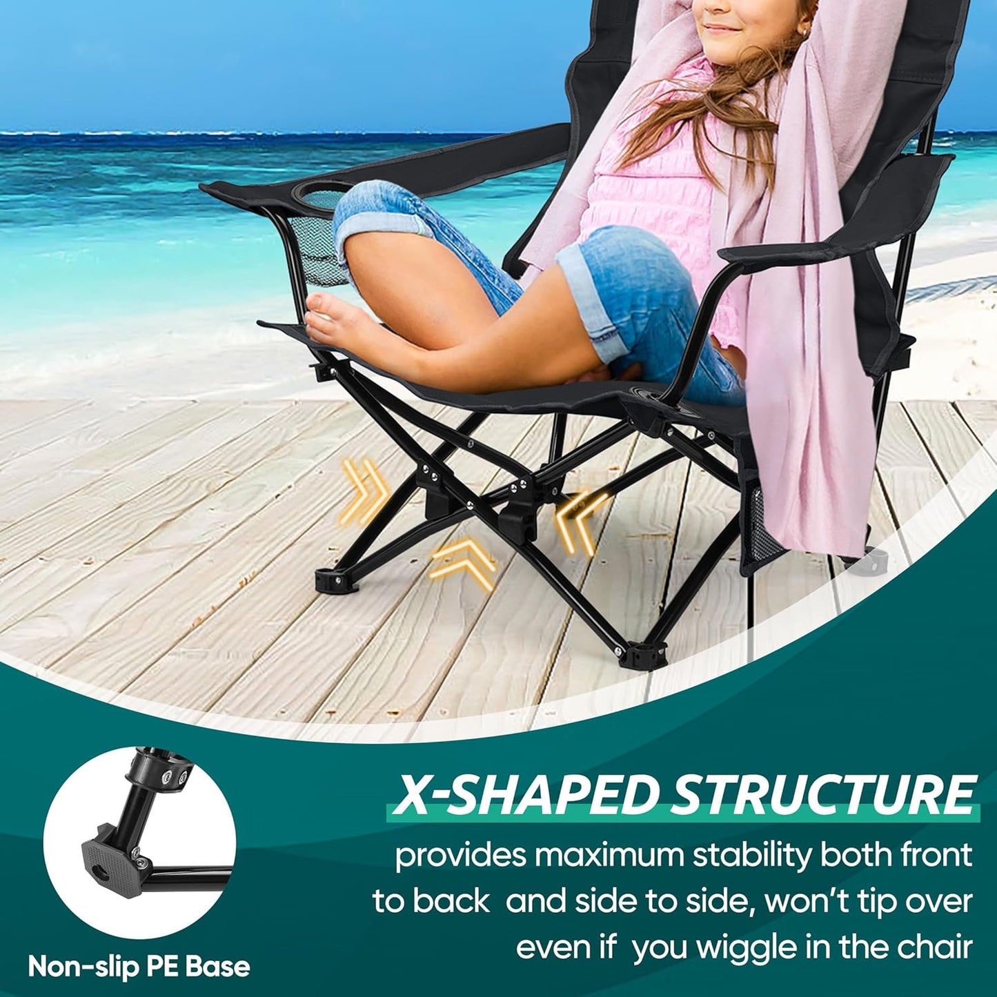 HaSteeL Folding Beach Chair Set of 2, Foldable Black Camping Chairs for Outside, Low Beach Chair Portable for Adults Fishing, Picnic, Outdoor BBQ, Travel, Sports, Cup Holder & Storage Bag