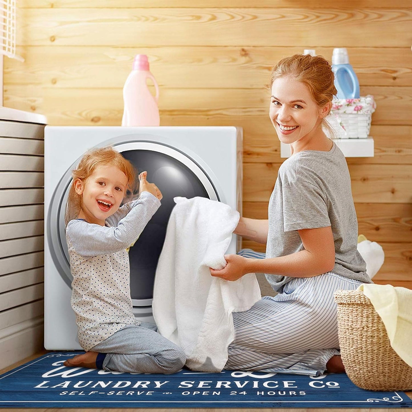 KOZYFLY Laundry Room Rug Runner 20"x48" Non Slip Kitchen Rugs Washable Laundry Room Mat Waterproof Mudroom Floor Carpet Runner Farmhouse Decor, 1.7x4ft, Navy, Wash and Dry