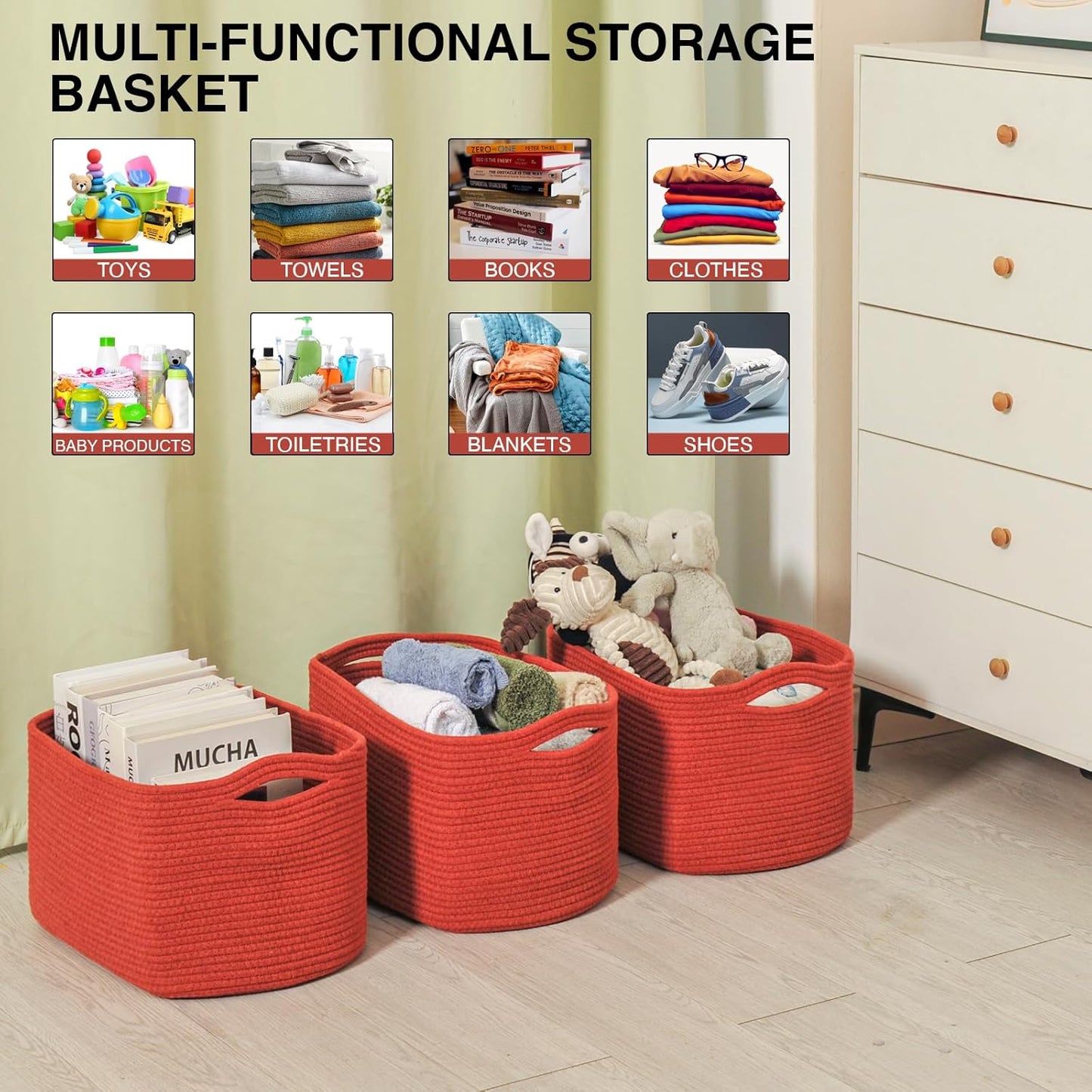 ICERZCZ Storage Baskets for Organizing, Storage Basket for Shelves, Toy Towel Basket for Bathroom Nursery, Woven Cotton Rope Baskets for Decor, 15"x11"x9.5", 3 Packs, Brick Red