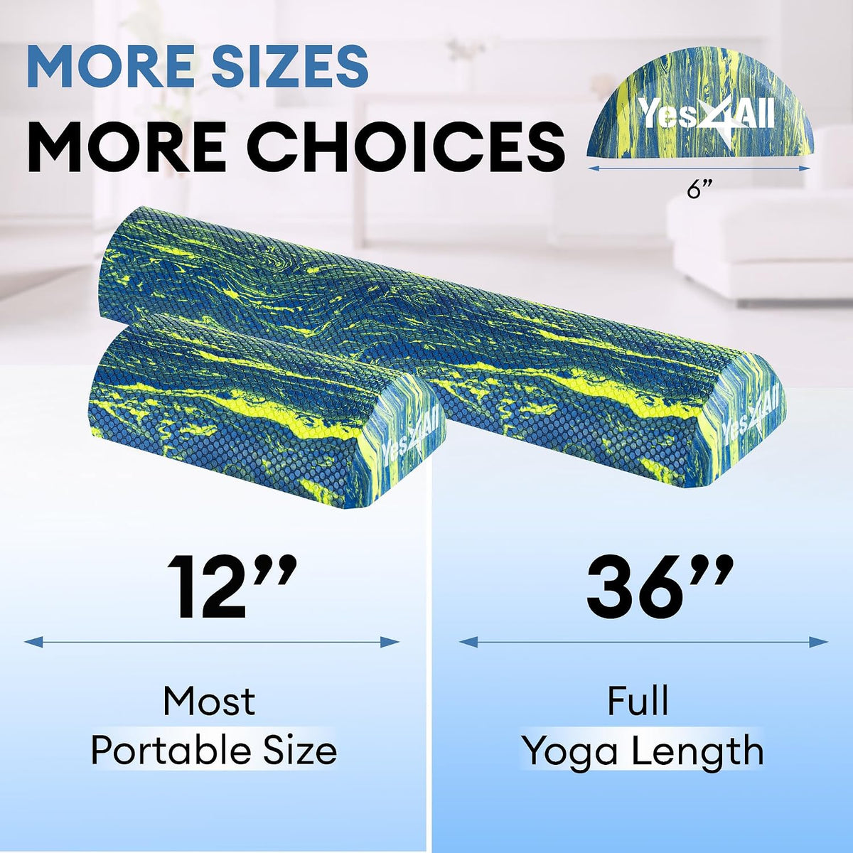 Yes4All EVA Firm Foam Roller for Stretching, Half Yoga Back Roller for Muscle Massage for Pilates, Yoga, Balance & Core Exercises - 12/36 inches