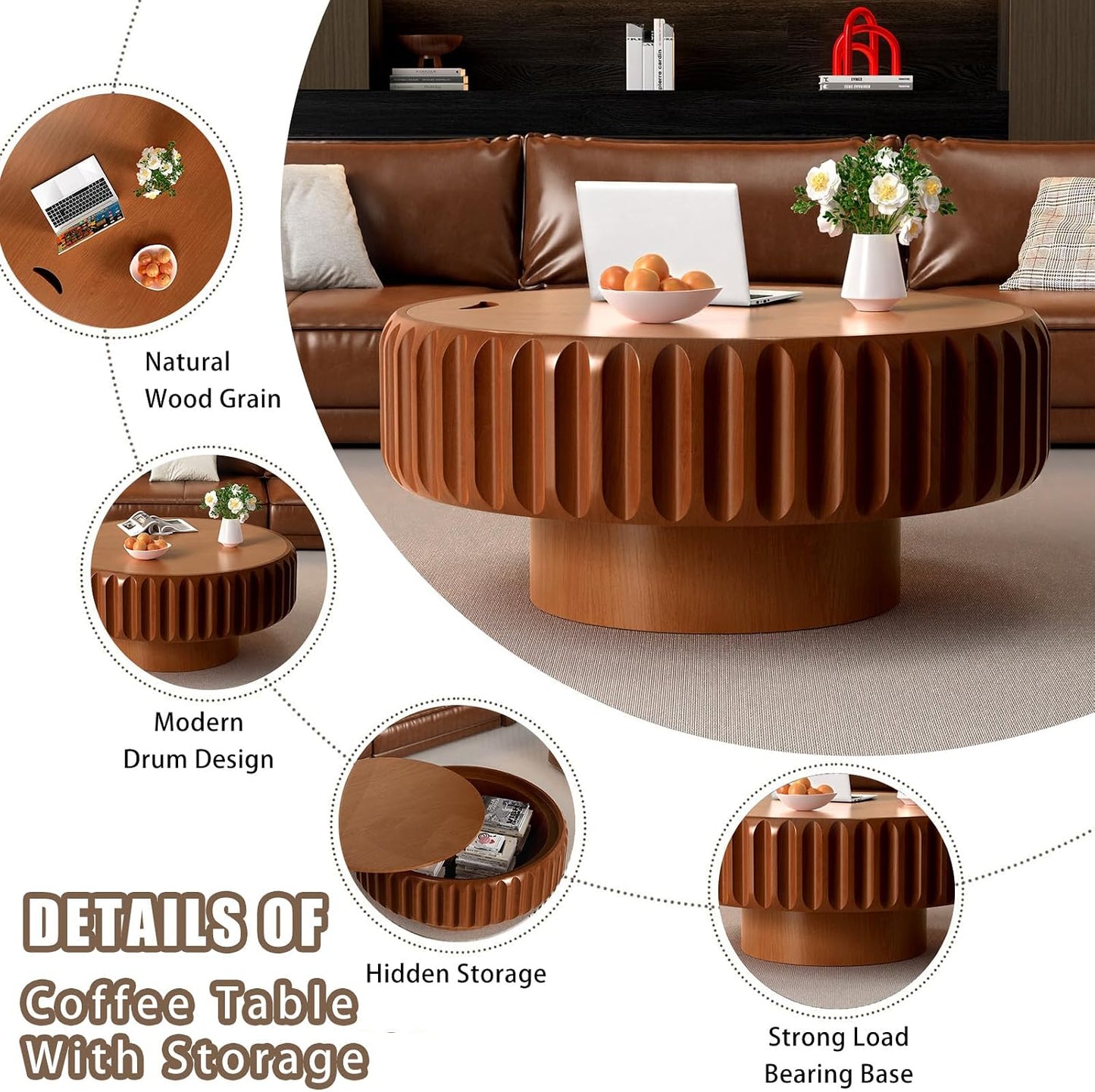 31.5" Round Fluted Coffee Table with Hidden Storage (31.5" Brown) | Round Wooden Coffee Table with Solid Wood Veneered, Gear Center Table, Drum Tea Table for Living Room Apartment