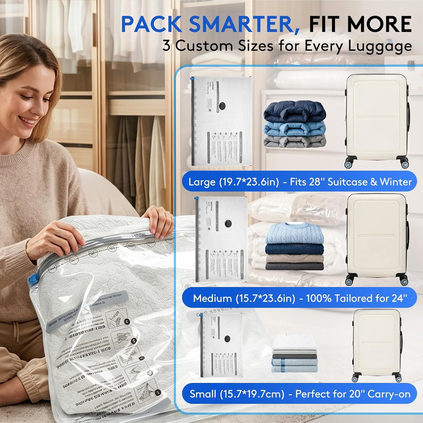 15 Packs Vacuum Bags for Travel with Rechargeable Pump, 3 Sizes Vacuum Seal Bags for Clothing, Compression Vacuum Travel Bags for Luggage, Vacuum Packing Bags for Closet Organization