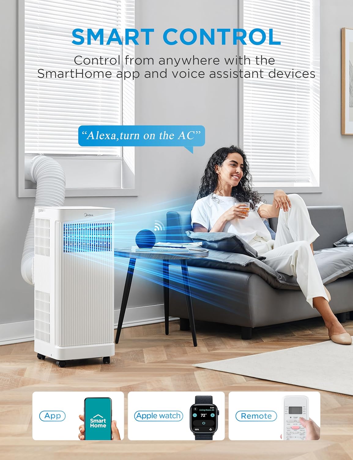 Midea 9,000 BTU ASHRAE (6,000 BTU DOE/SACC) Portable Air Conditioner, Smart Control, Cools up to 250 Sq. Ft., with Dehumidifier & Fan mode, Remote Control & Window Installation Kit Included