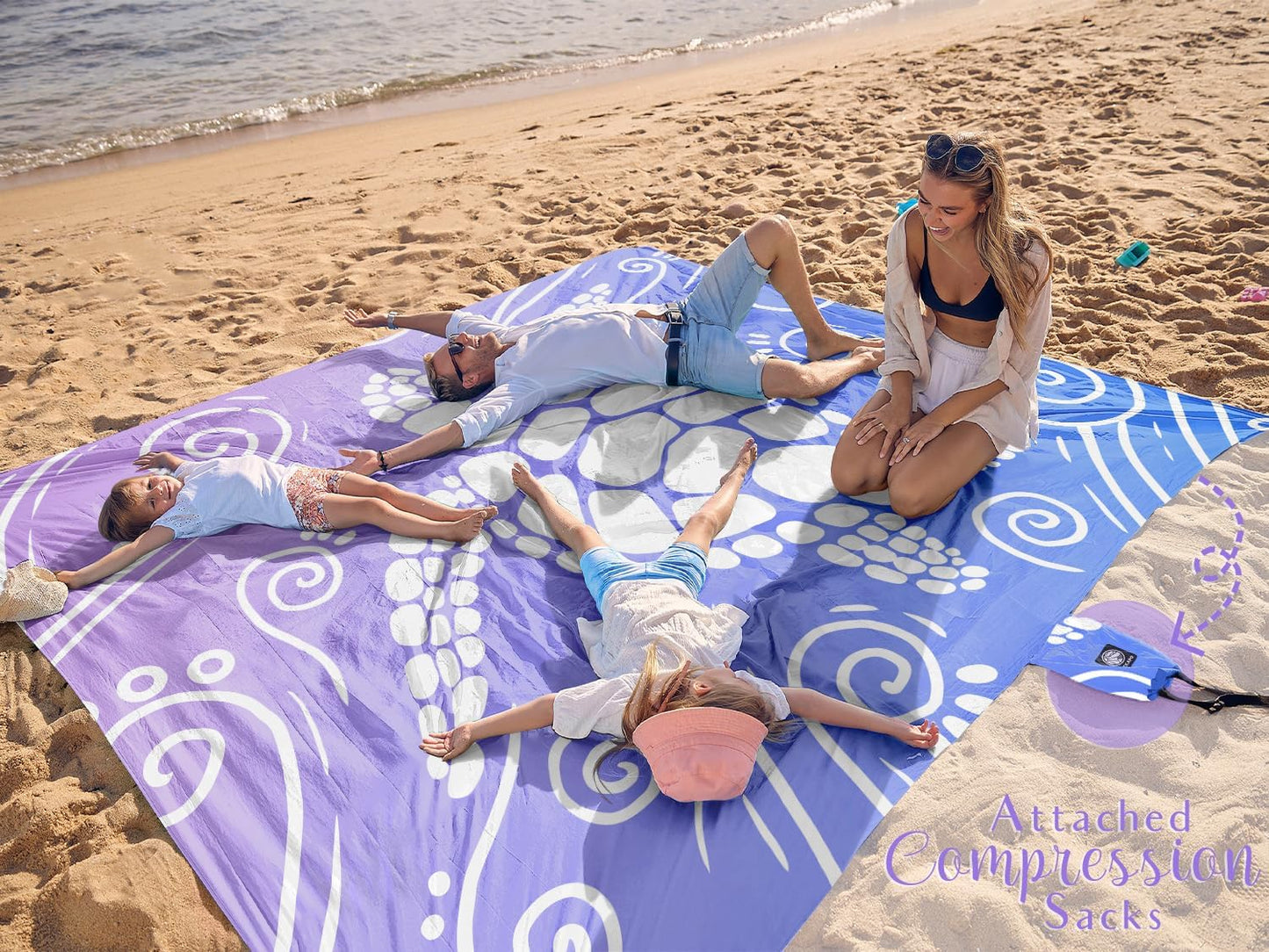 WEKAPO Beach Blanket Waterproof Sandproof Oversized Extra Large Sand Free Beach Mat with Stakes, Storage Bag - Essentials for Outdoor Beach, Picnic (Blue Purple Sea Turtle, 8 X 7 FT (1~4 Person))