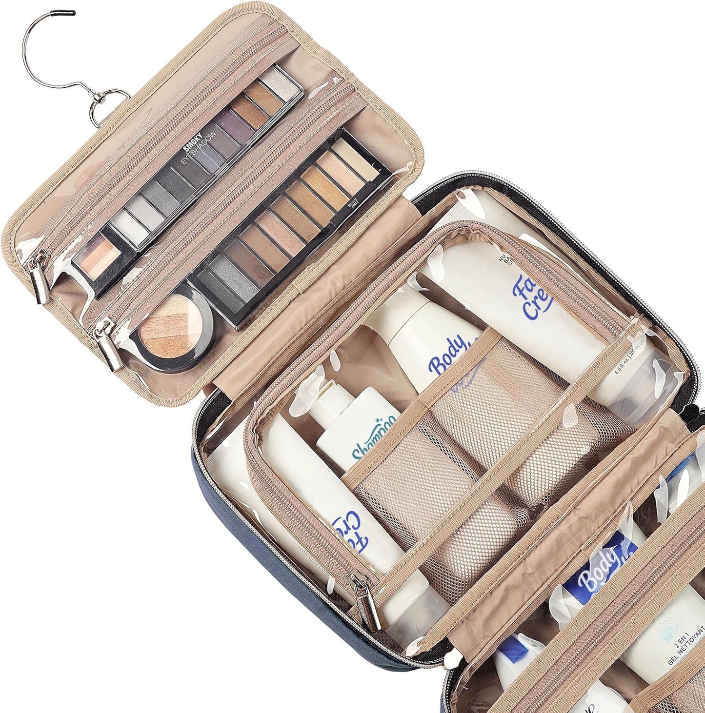NISHEL Travel Toiletry Bag for women, Portable Hanging Organizer for Travel-Sized Shampoo, Conditioner, Brushes Set, Makeup Accessories, Medium Size, Aegean-Blue