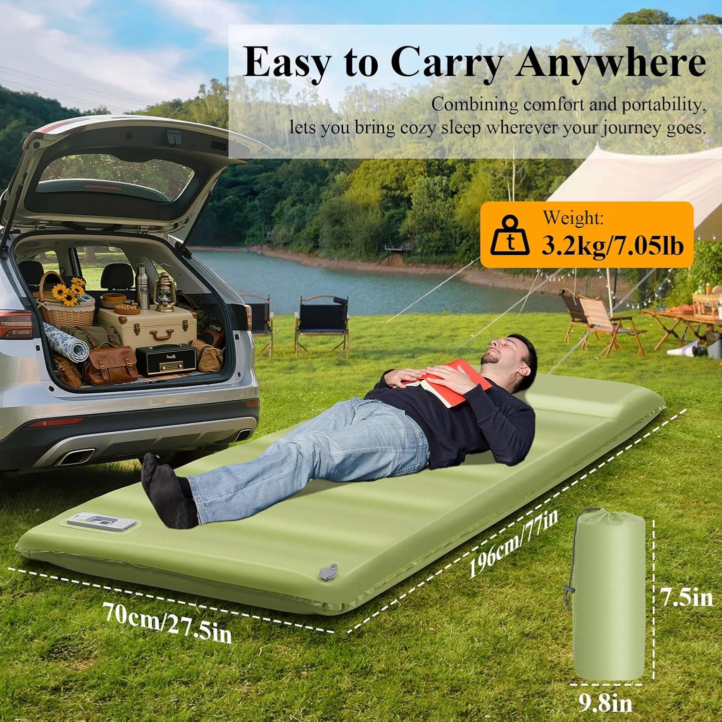 Minthouz Self Inflating Sleeping Pad, 4" Ultra-Thick Memory Foam Camping Pad with Pillow, Built-in Electric Pump Fast Inflating, 4-Season Camp Sleeping Mat for Camp/Car Travel/Tent