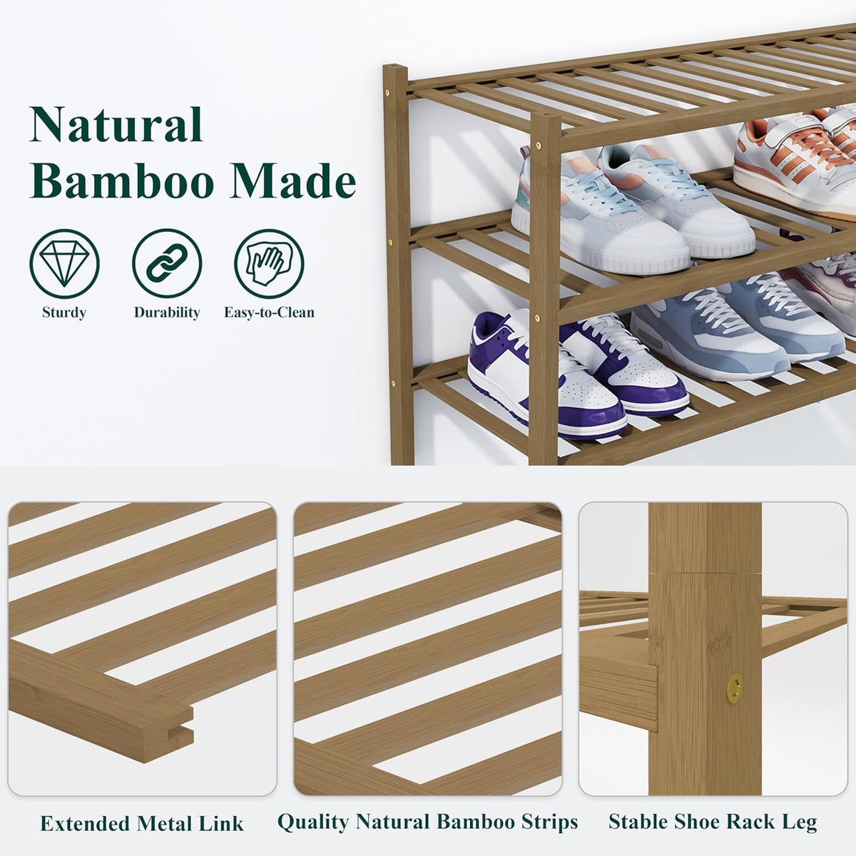 Smiry Bamboo Shoe Rack, 14 Vertical Slats, 3 Tier - 26.8" Wide, Walnut