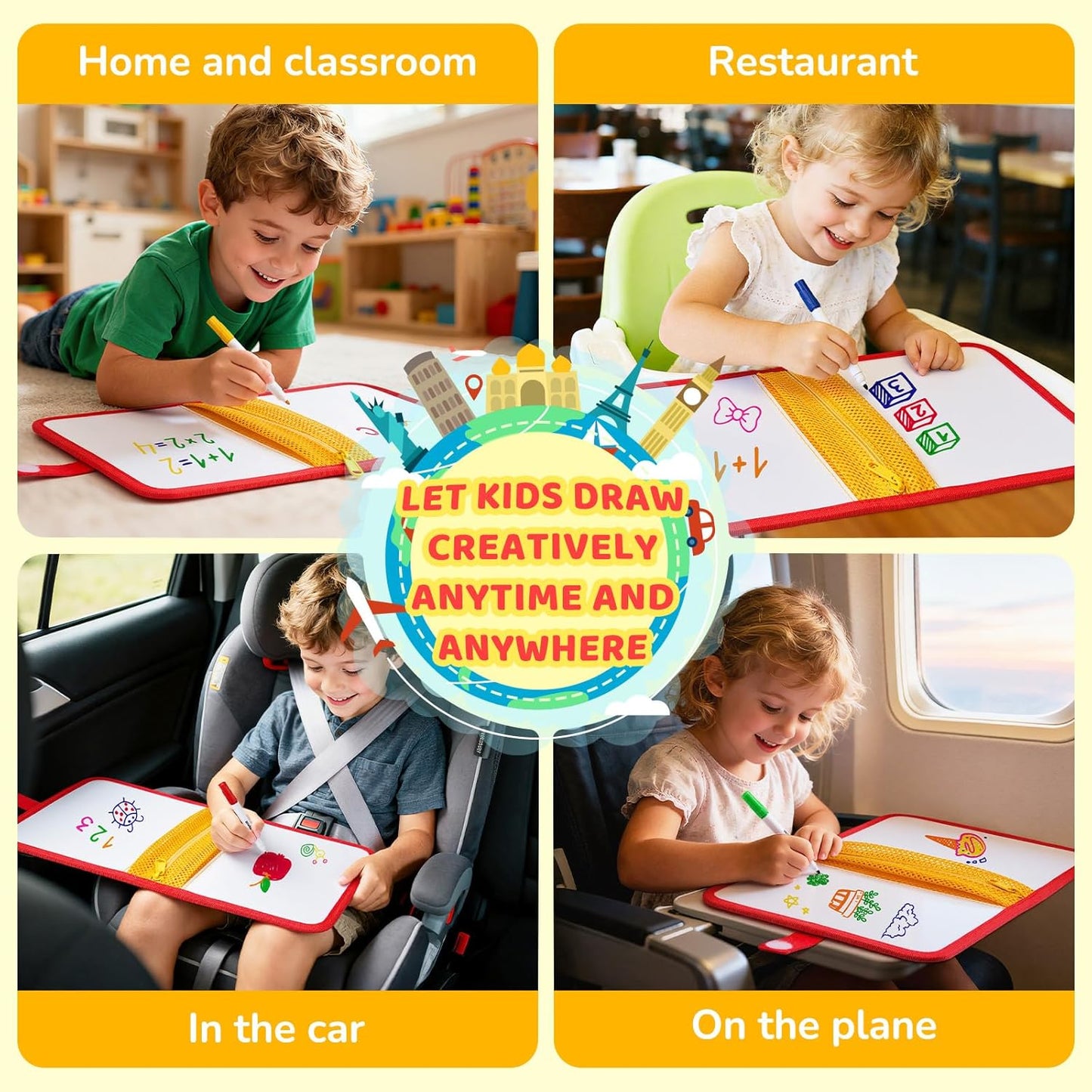 10-Inch Dual-Sided Dry Erase Travel Board for Kids with Zippered Storage - Portable Whiteboard Set with 6 Markers, Eraser.Coloring & Drawing Busy Book, Lightweight Foldable Activity Gifts for Kid