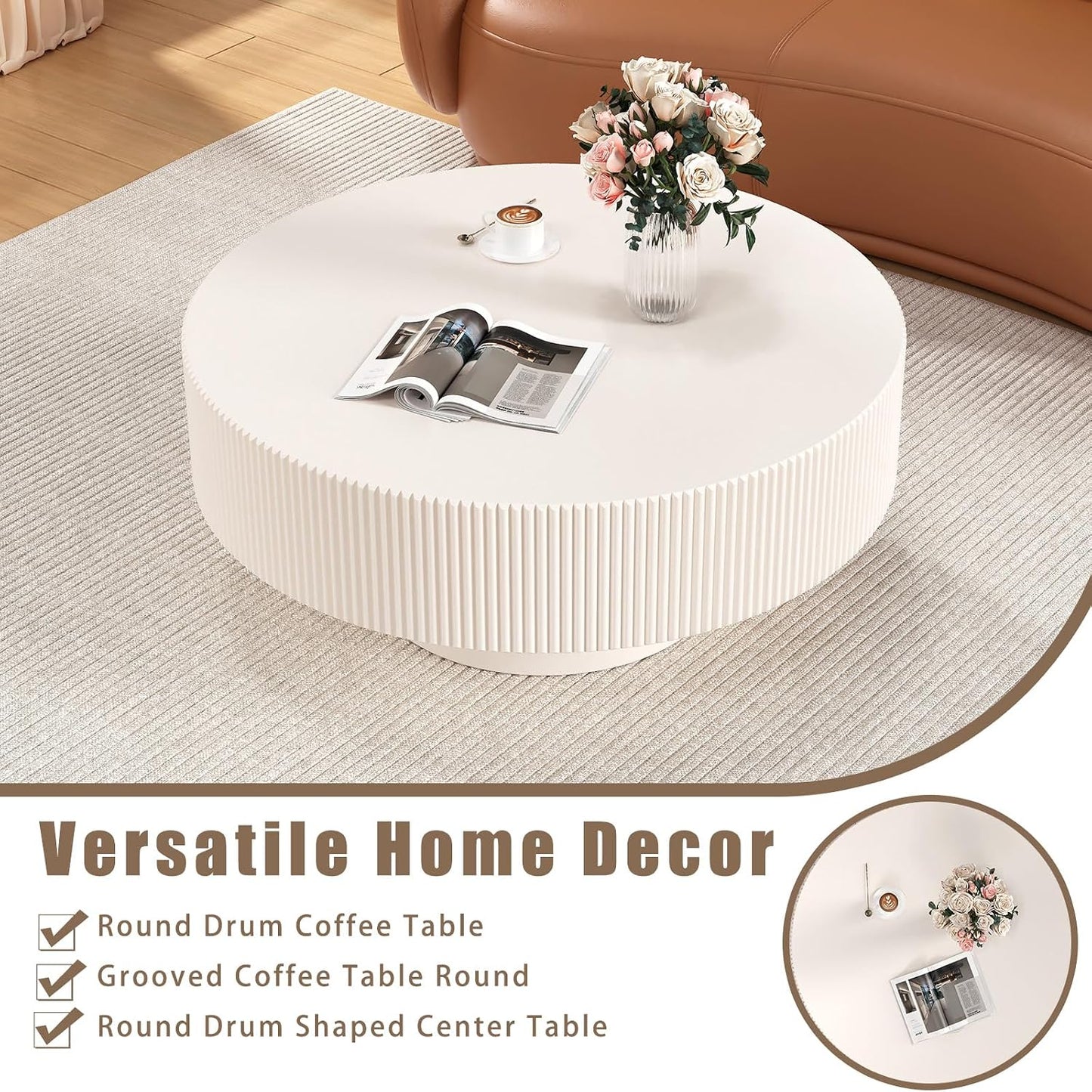 White Round Fluted Coffee Table for Living Room (Ivory White Thick Desktop) | Handcrafted Relief Edges, Mid Century Modern, Circular Drum Coffee Table, Center Tables for Office Outdoor