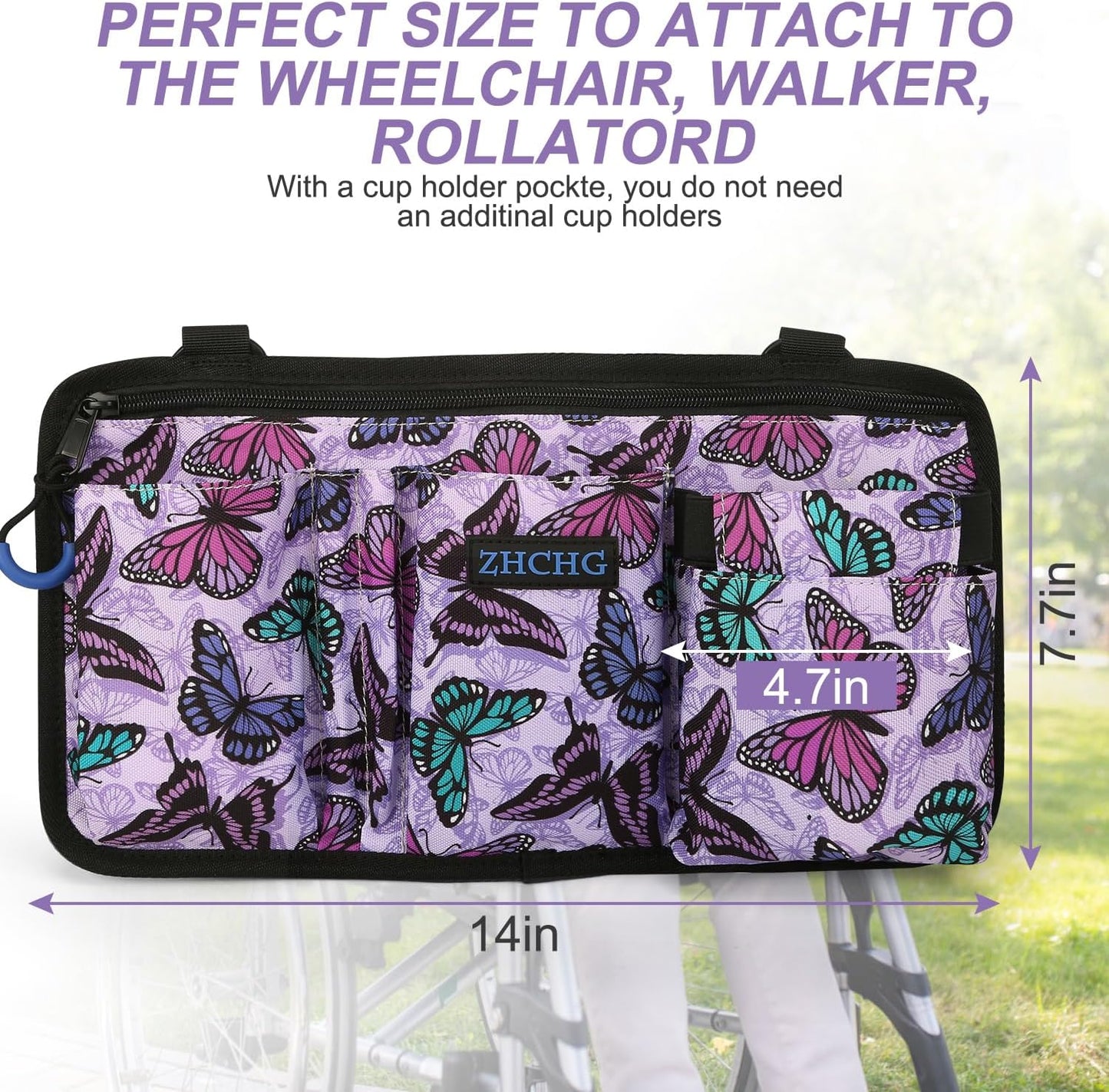ZHCHG Wheelchair Side Bag with Cup Holder, Wheelchair Armrest Pouch Accessories for Walker, Rollator, Electric Scooter Wheelchairs, Ideal Gift for Mother's Day & Father's Day -Purple