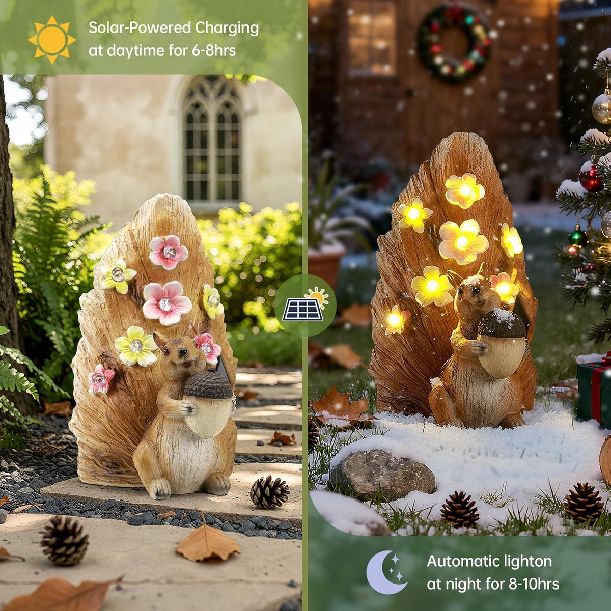Solar Squirrel Statue Ourdoor Decor, Squirrel Figurines with Flower LED Light Decorations for Garden Woodland Patio Yard Porch, Mother's Day Housewarming Gifts for Women Mom Grandma
