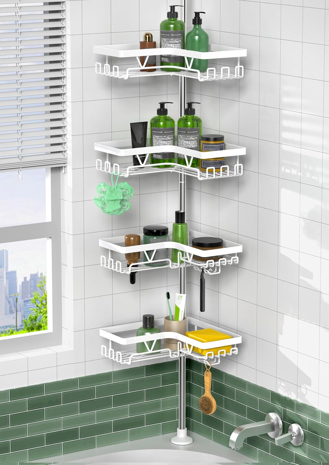 KEGII Corner Shower Caddy Tension Pole - Shower Tension Rod Organizer, Floor to Ceiling Shower Caddy 25-114.2 inch, Towel Rack Corner Waterproof, Black
