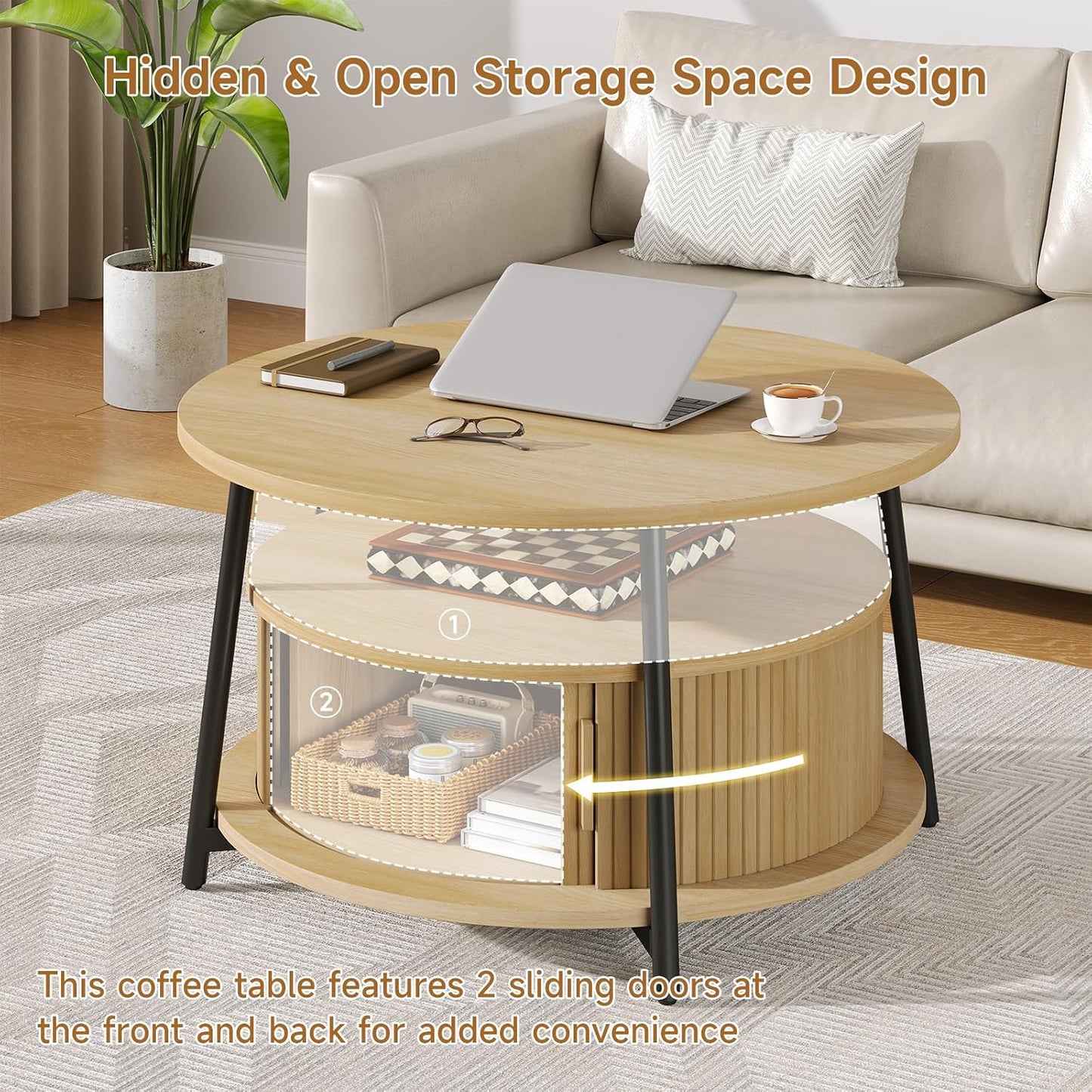ONBRILL 31.5" Round Coffee Table with Storage and 2 Tiers, Oak | Mid-Century Modern Center Table with 2 Sliding Doors and Adjustable Footpad for Living Room