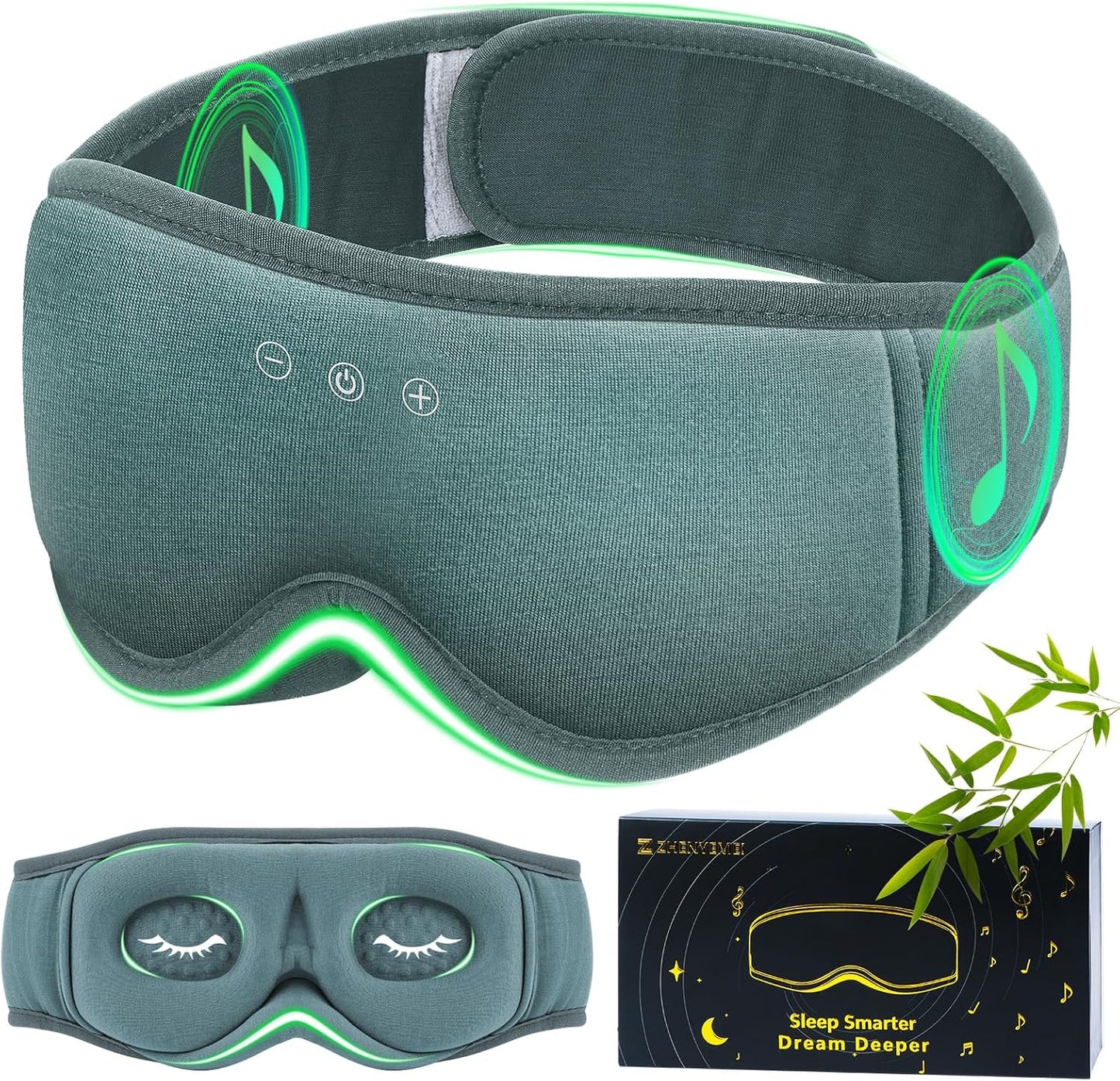Bamboo Cotton Large Sleep Mask with Bluetooth Wireless Headphones - Blackout Eye Mask for Sleeping 3D Contoured Sleep Eye Cover Headband Ear Plugs Low Noise Hook for Men Women Better Experience (Grey)