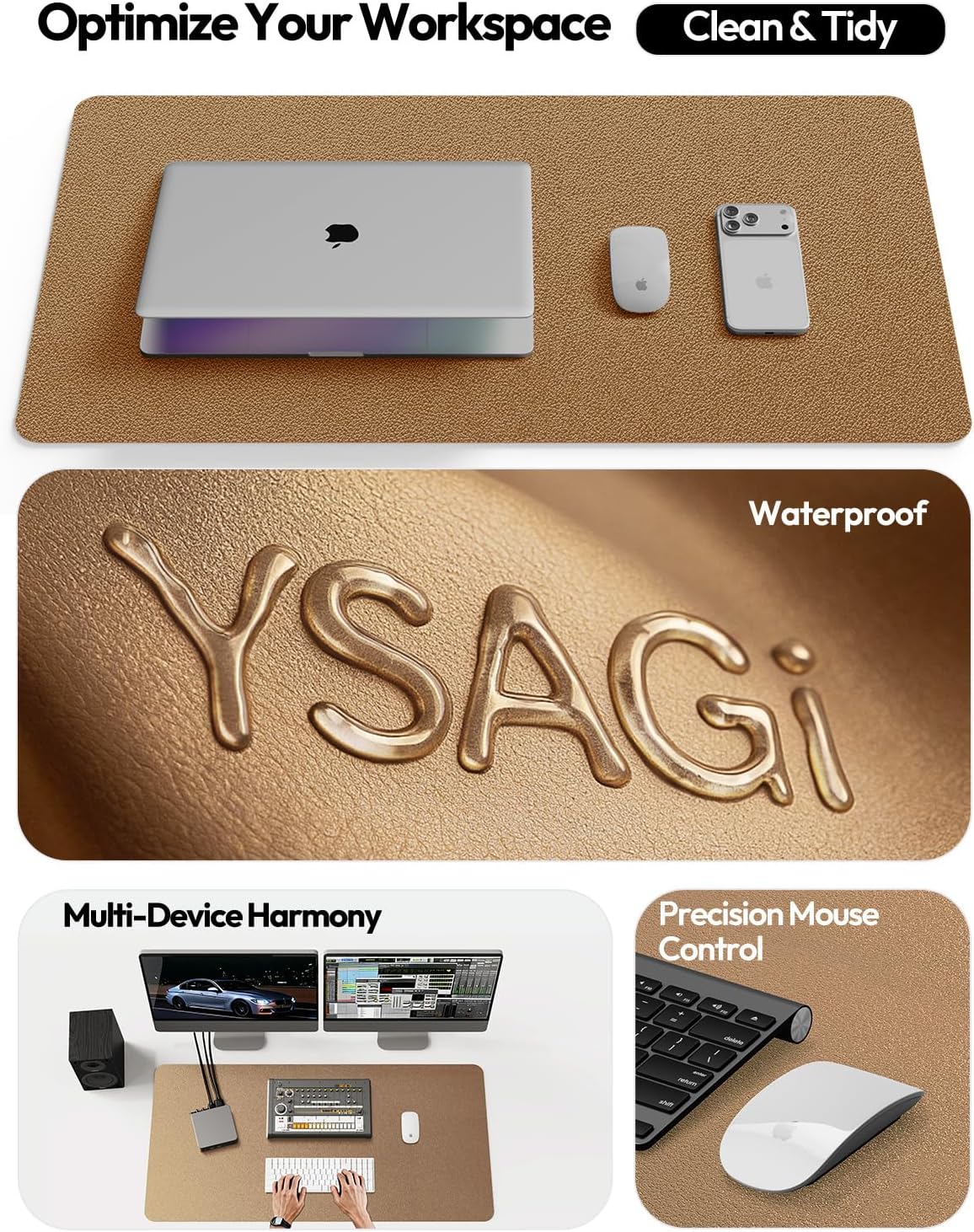 YSAGi Leather Desk Protector, Office Mat, Large Mouse Mat, Non-Slip PU Leather Blotter, Laptop Desk, Waterproof Writing Pad for Office and Home (Shiny Bronze, 35.4" x 17")