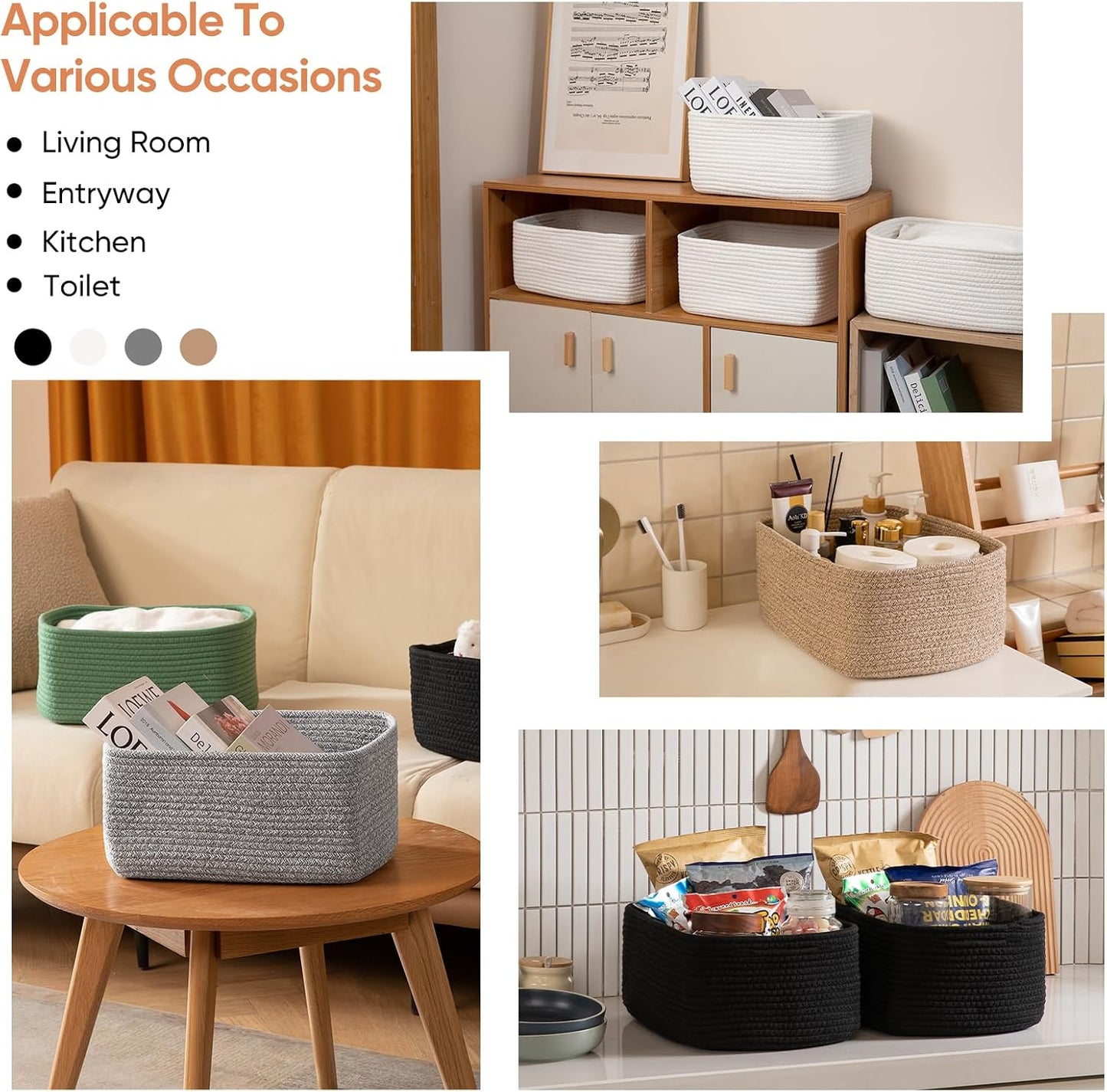 OIAHOMY 4 Pack 14.17 * 11.02 * 6.3IN Storage Baskets for Organizing Shelves, Woven Rope Baskets for Organizing Books, Clothes, Decorative Basket for Living Room, Nursery, Bedroom, Gift Basket, Brown