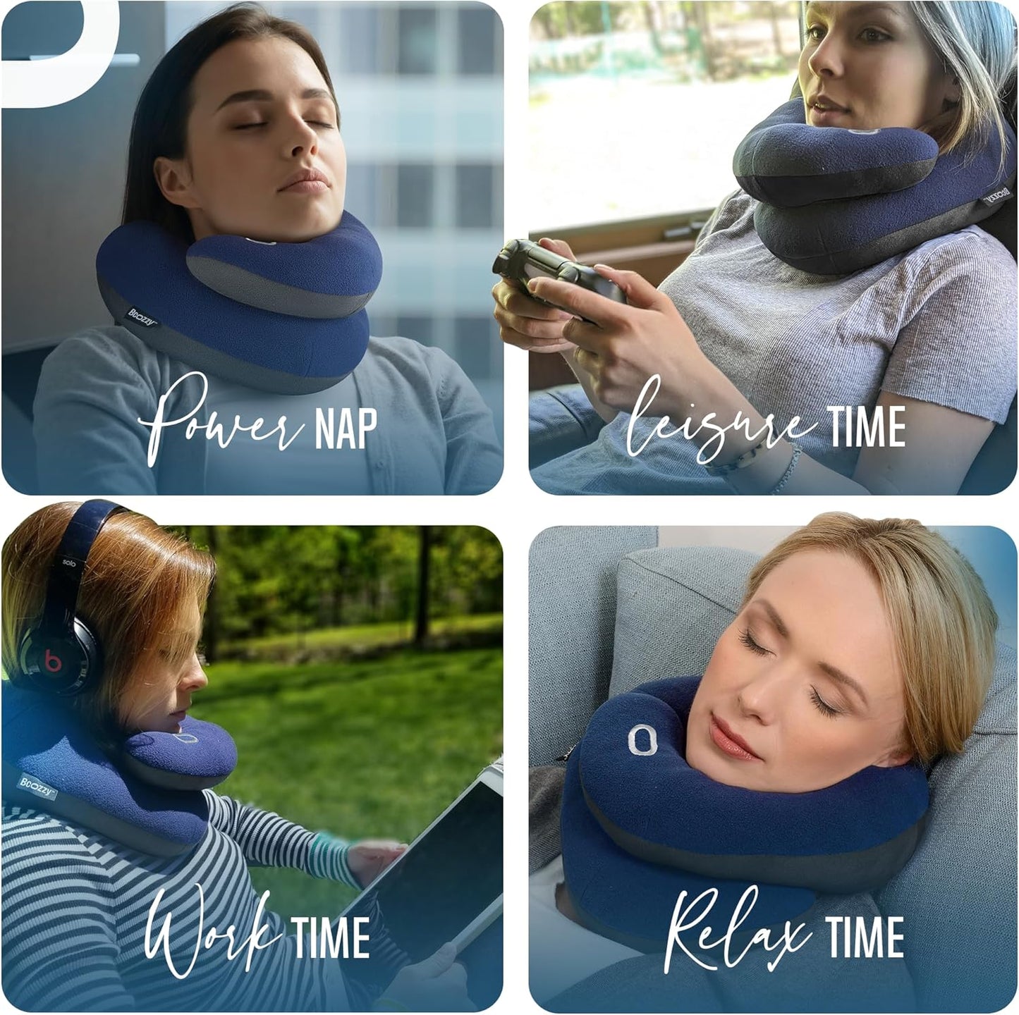 BCOZZY Travel Neck Pillow for Airplane – Patented Double Support for Head, Neck, and Chin. Best for Long Flights, Plane Sleeping, and Car Rides. Adjustable Size. Fully Washable. Carry Bag. Large, Navy