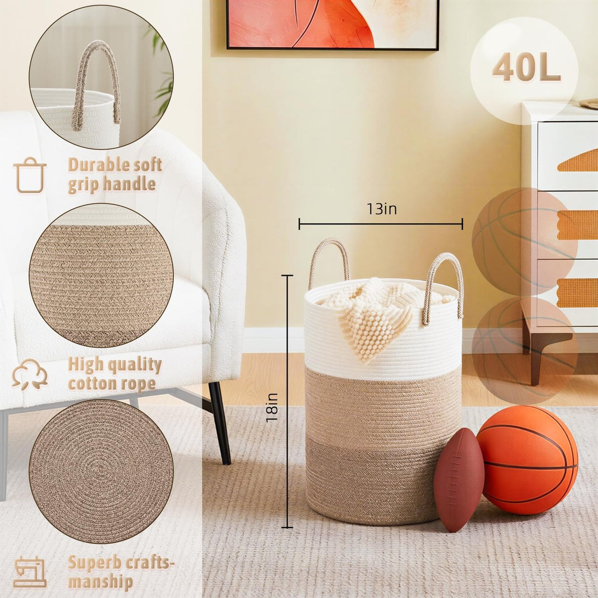 Artfeel Laundry Basket,Woven Cotton Rope Laundry Hamper,40L for Decorative Storage of Dirty Clothes,Toys and Blankets in Bathroom,Bedroom and Living Room
