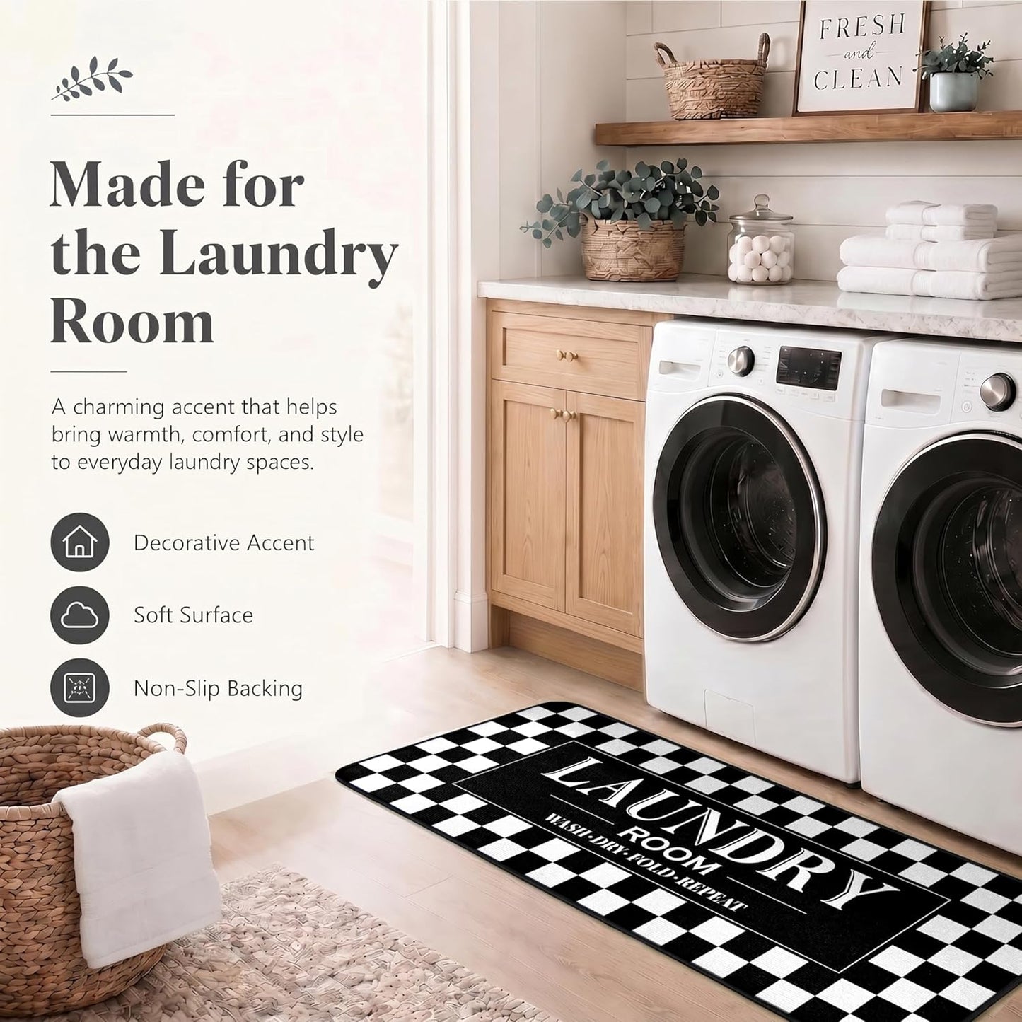 ROMAMIGO Laundry Room Rug Runner Non Slip Laundry Mats Mudroom Laundromat Runner Farmhouse Kitchen Floor Mat Bathroom Laundry Room Decor Accessories(20 X 47 inch, Black Checkerboard)