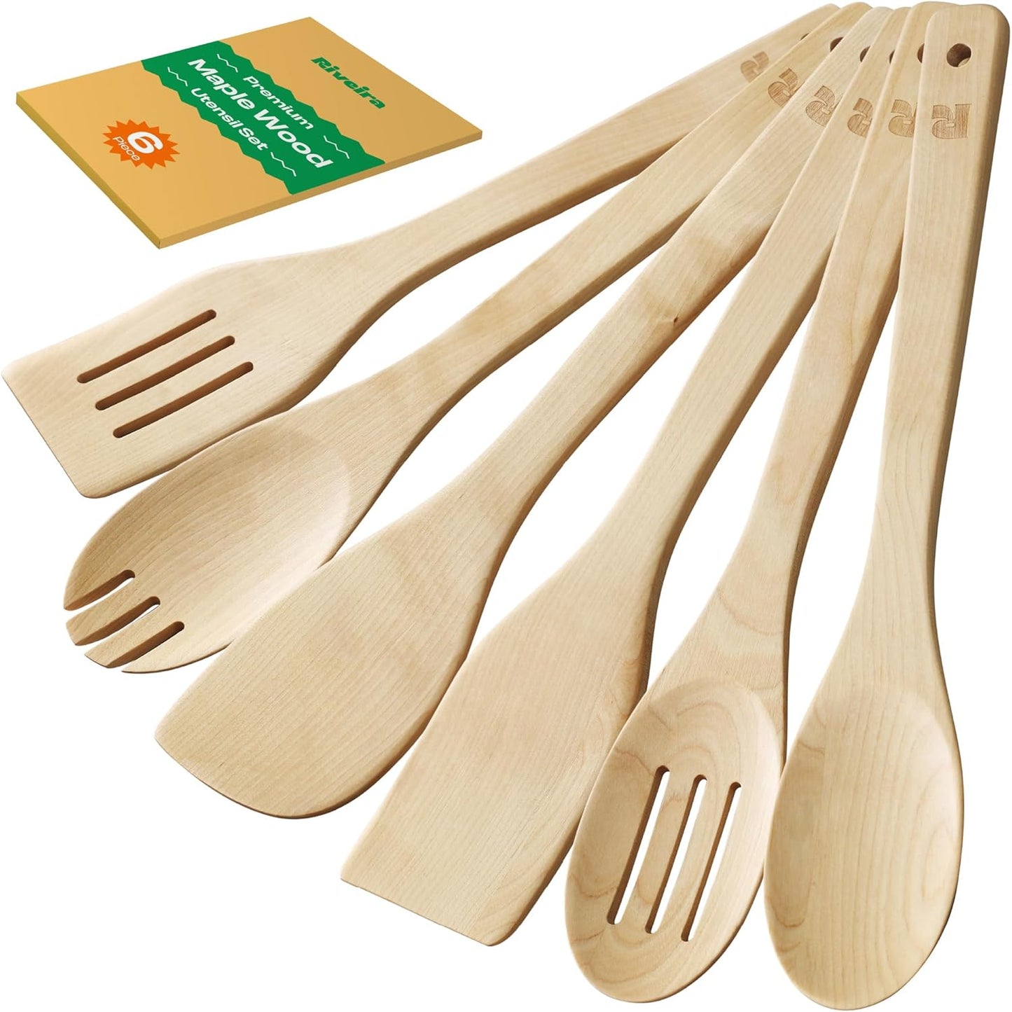 Riveira Dark Bamboo Wooden Spoons for Cooking 6-Piece, Apartment Essentials Wood Spatula Spoon Nonstick Kitchen Utensil Set Premium Quality Housewarming Gifts for Everyday Use