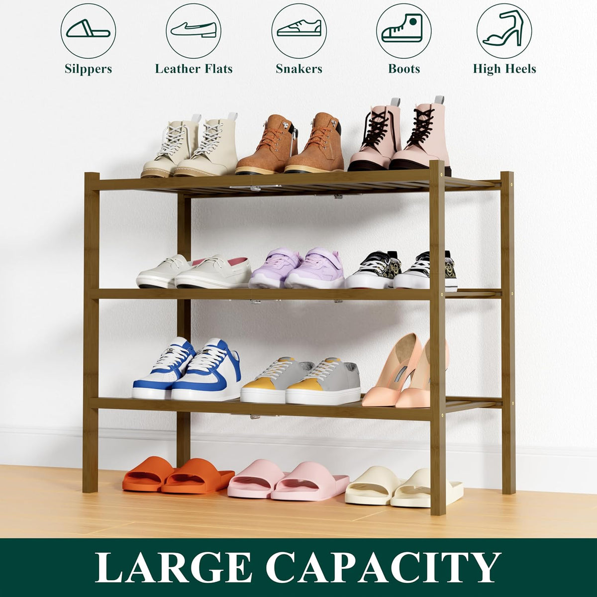 Smiry Bamboo Shoe Rack, 14 Vertical Slats, 3 Tier - 26.8" Wide, Walnut