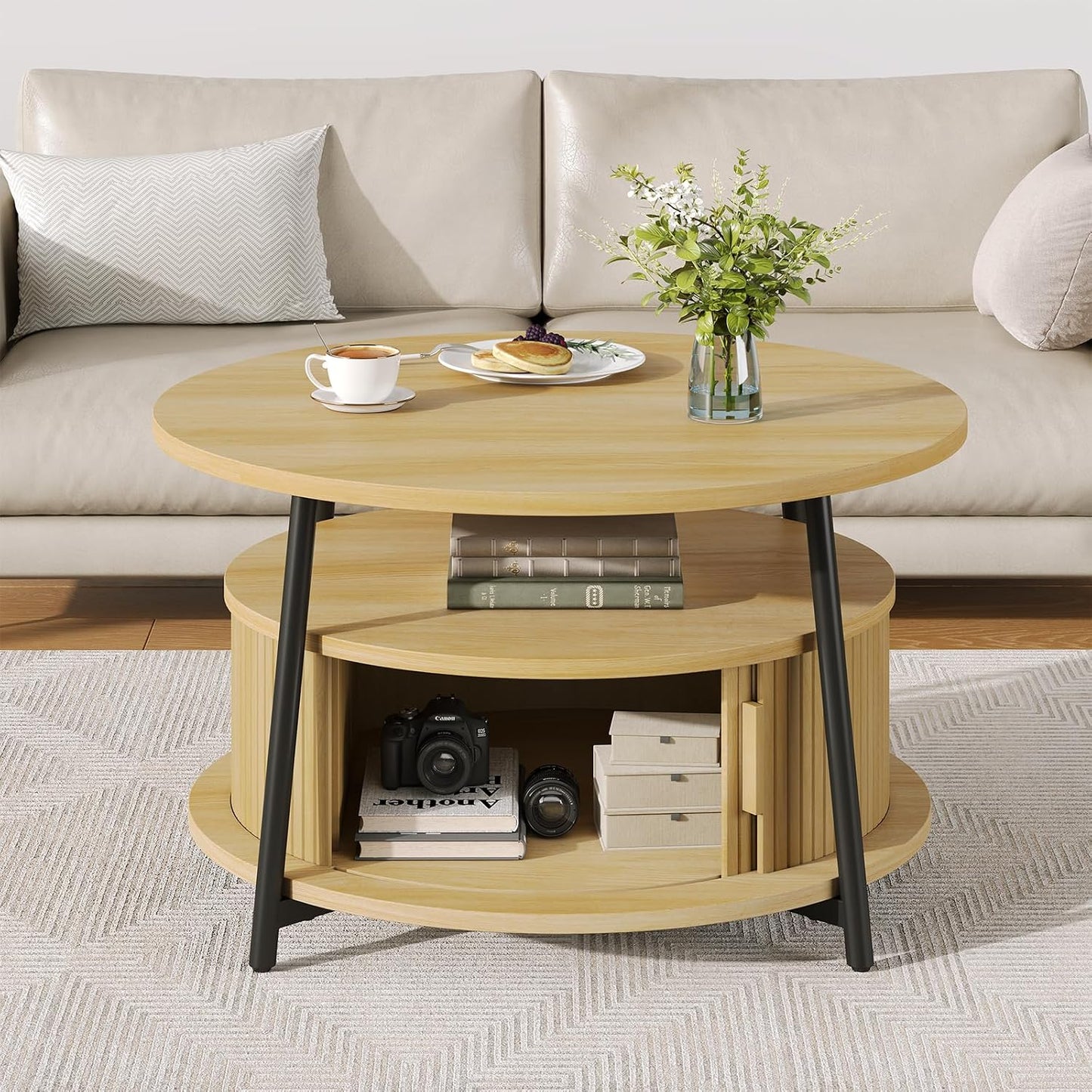 ONBRILL 31.5" Round Coffee Table with Storage and 2 Tiers, Oak | Mid-Century Modern Center Table with 2 Sliding Doors and Adjustable Footpad for Living Room