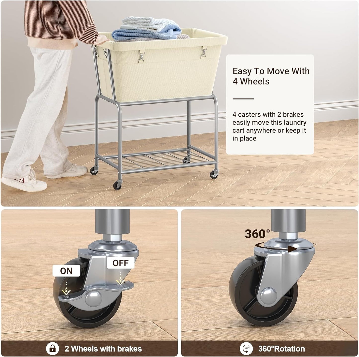 ELYKEN Rolling Laundry Hamper with Wheels, 32-Gallon (122L) Laundry Cart with Removable Bag, 2-Tier Clothes Basket Hamper with Shelf for Closet, Bedroom, Bathroom, Laundry Room, Cream