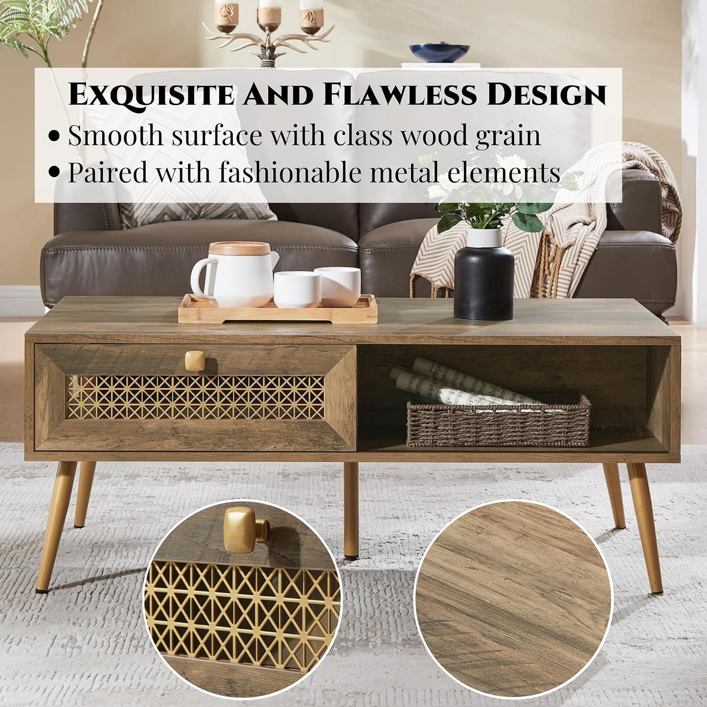 Mid Century Modern Wood Coffee Table, Retangle Coffee Table with Sliding Door for Living Room, Rustic Oak