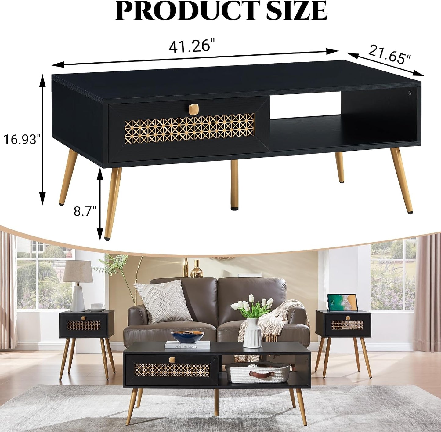 Wooden Mid Century Modern Coffee Table, Retangle Coffee Table with Sliding Door for Living Room, Black